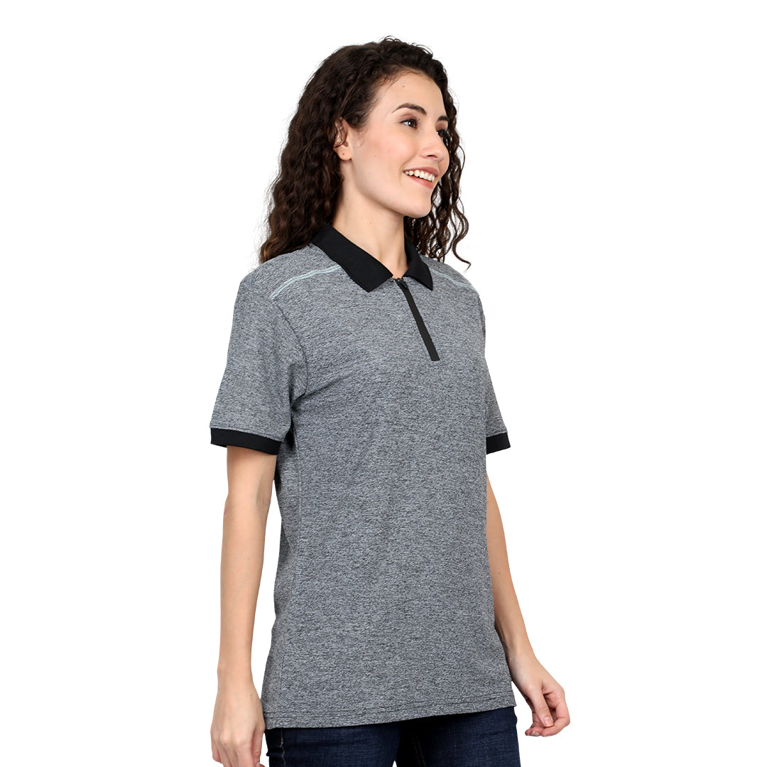 Black Melange with Deep Black Collar - Unisex Sporty Polo TShirt
