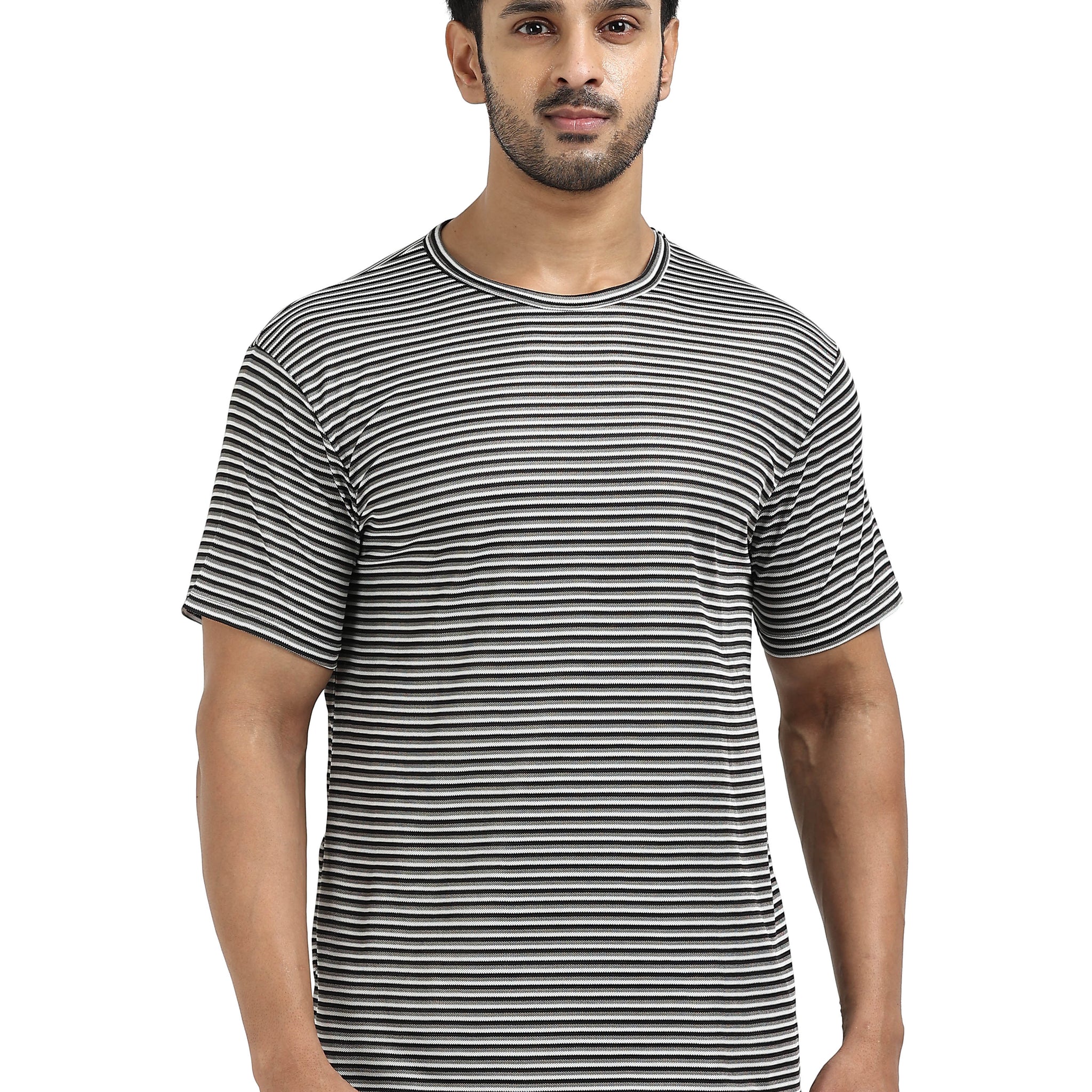 Mens rPET Drift Striped Tee – Black & Steelgrey & Semidull