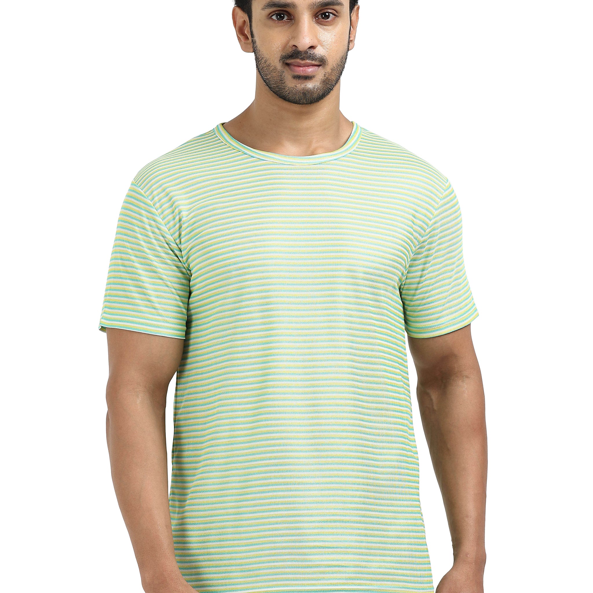 Mens rPET Drift Striped Tee – Lemon & Purssian Green & Semidull