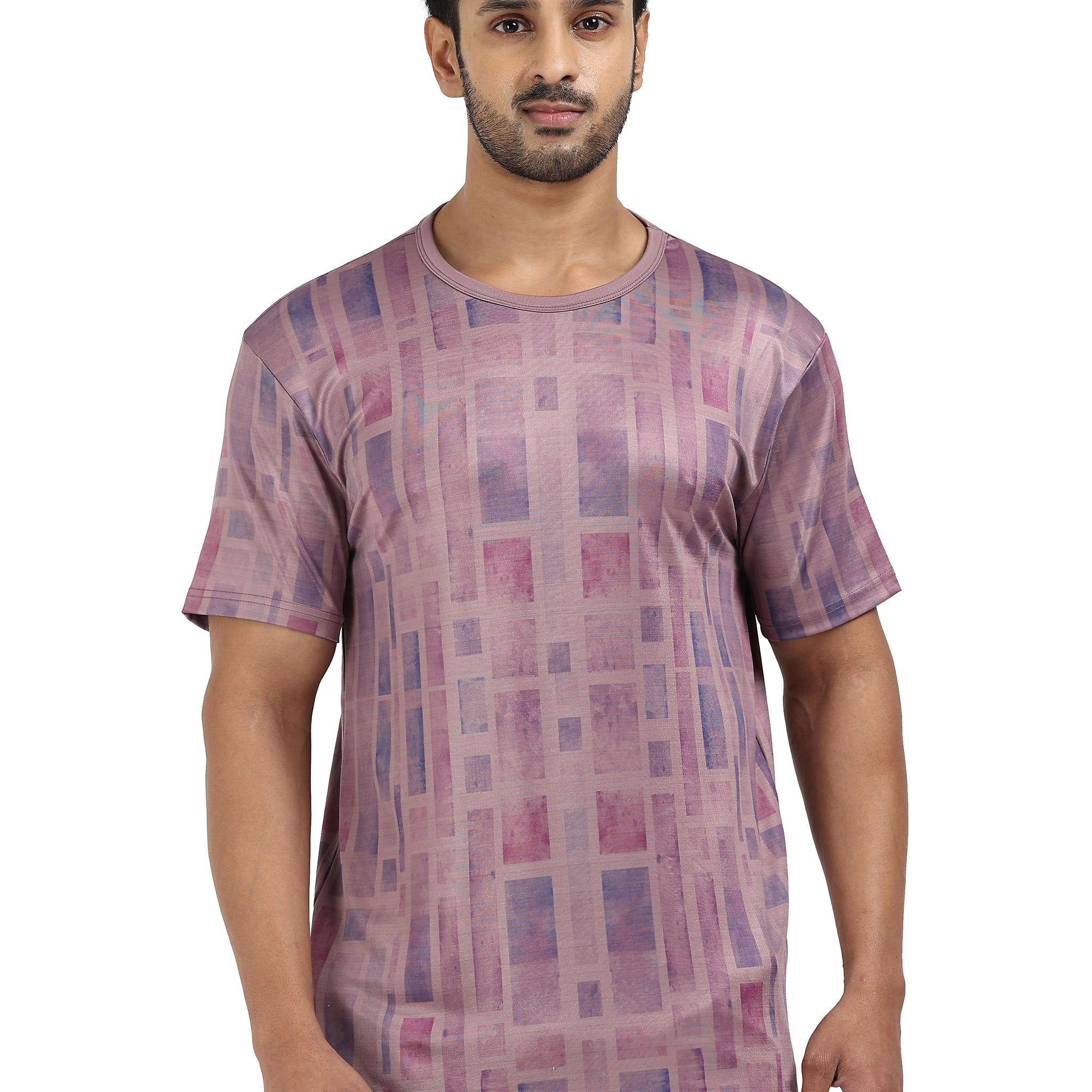 Mens rPET Urban Grid Printed Round Neck Tee - Purple