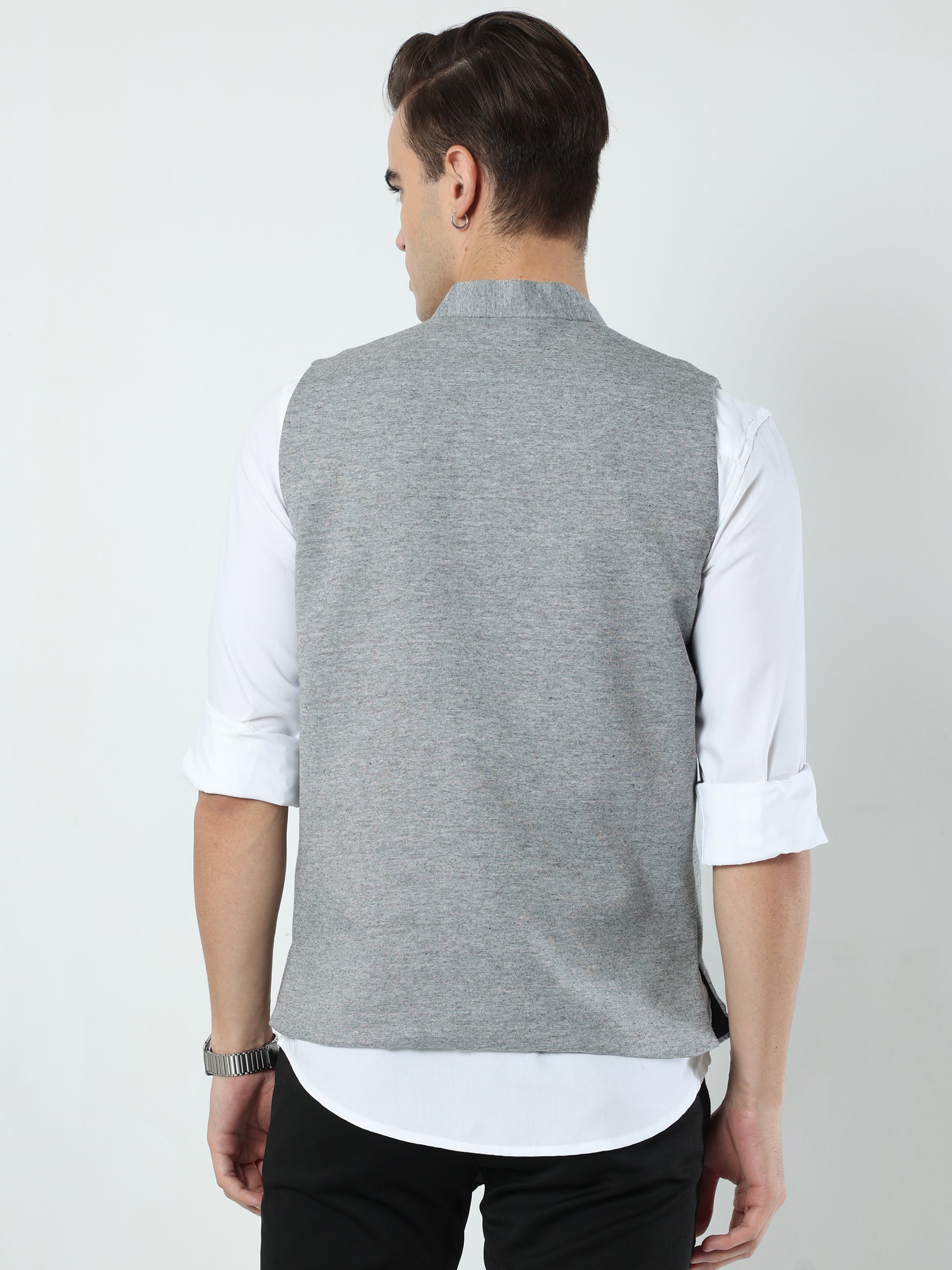 Back view of Black Sustainable Cotton Modi Coat for men in slim-fit design
