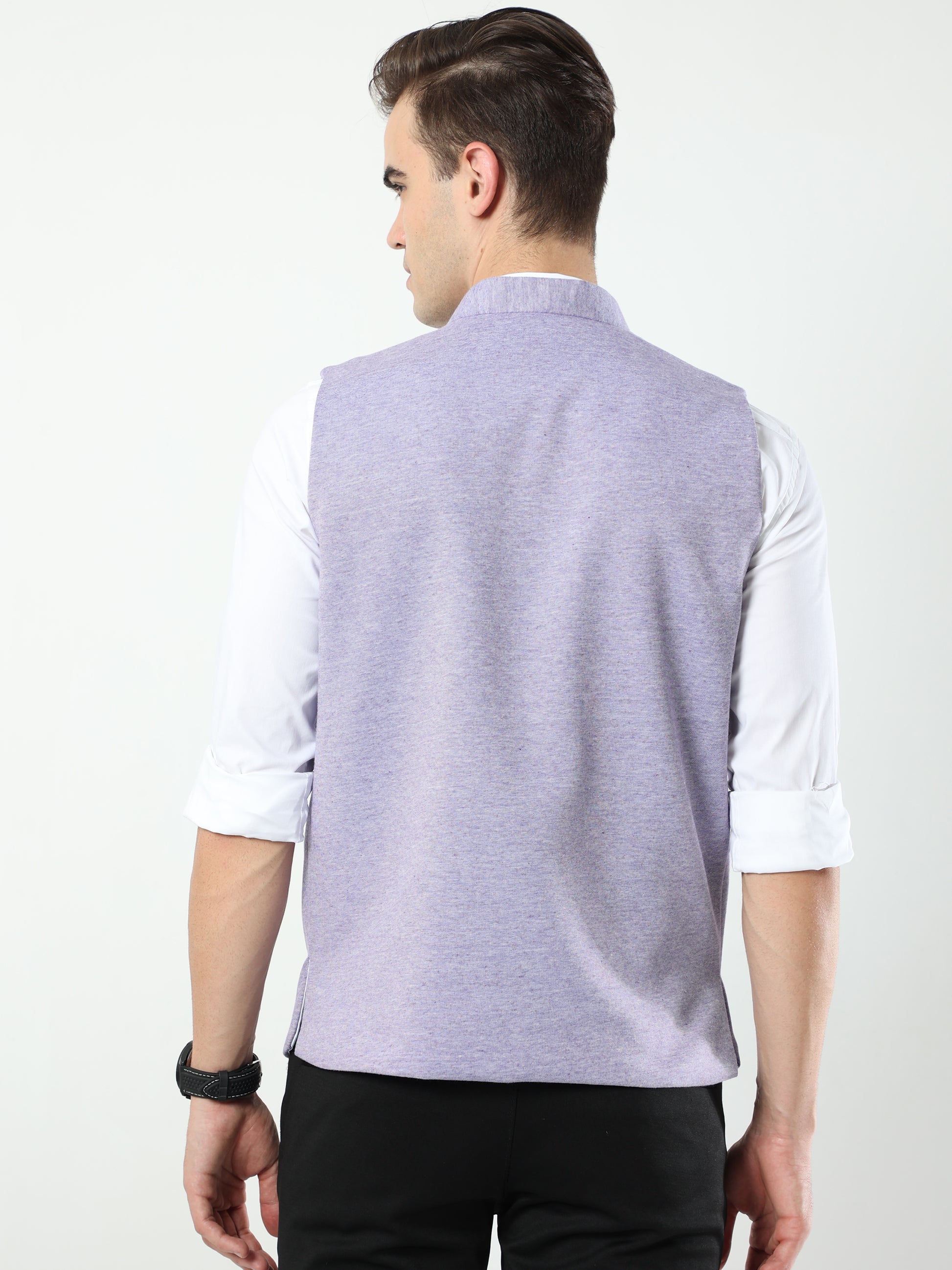 Back view of Jamun Sustainable Cotton Modi Coat for men in slim-fit design
