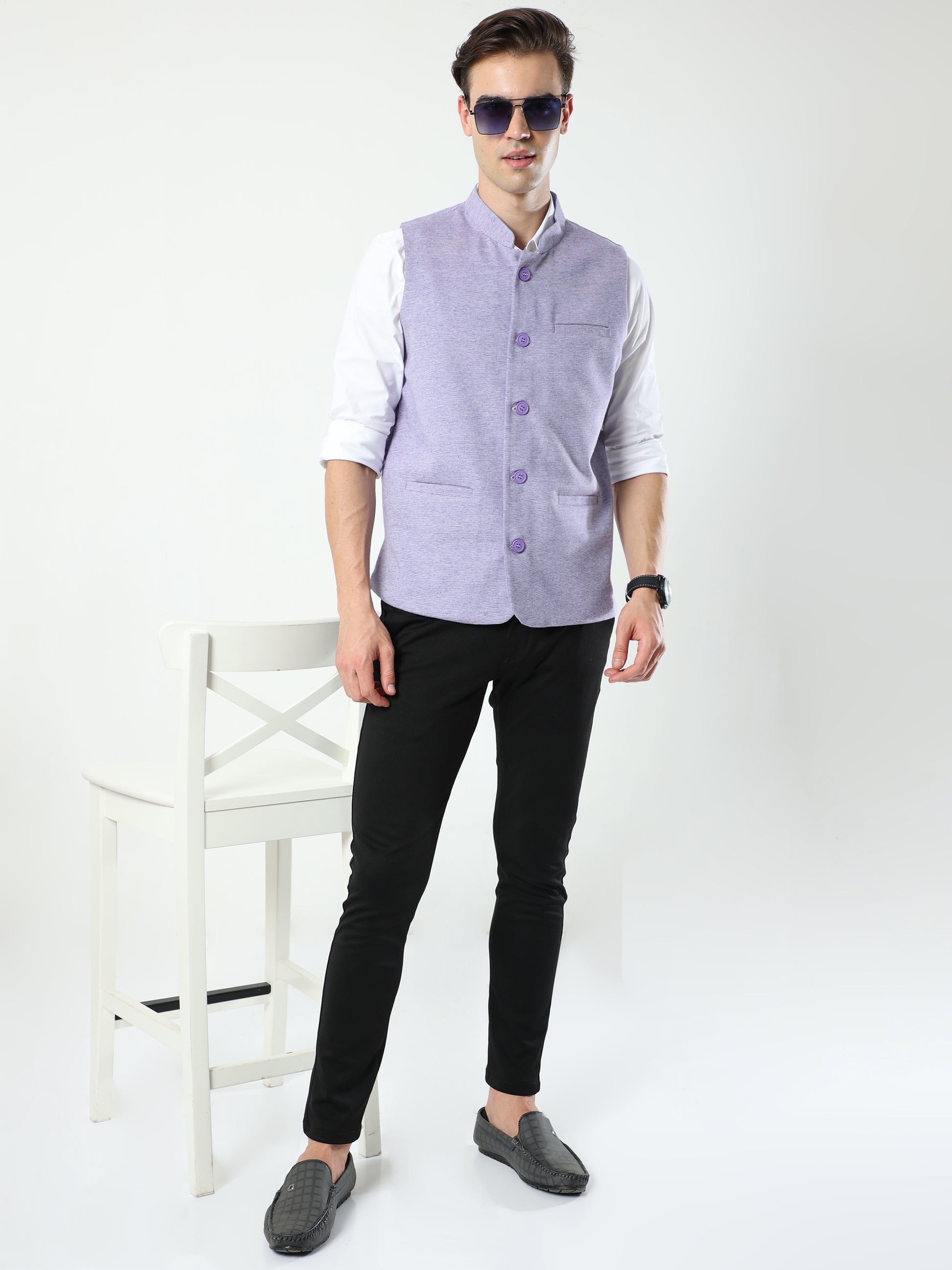 Model wearing Men’s Sustainable Cotton Modi Coat Jamun styled with kurta
