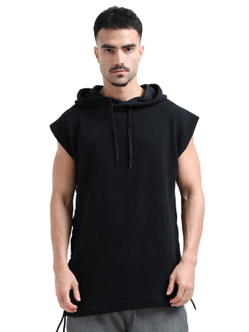 Men's rPET Sleeveless Hood With Tie Up – Black