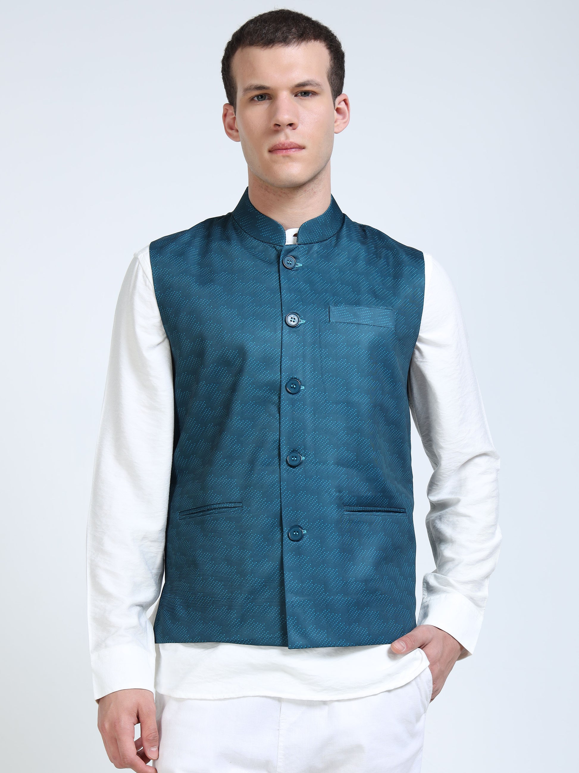 Front view of Men’s Printed Modi Coat in Dot Waves with Mandarin collar