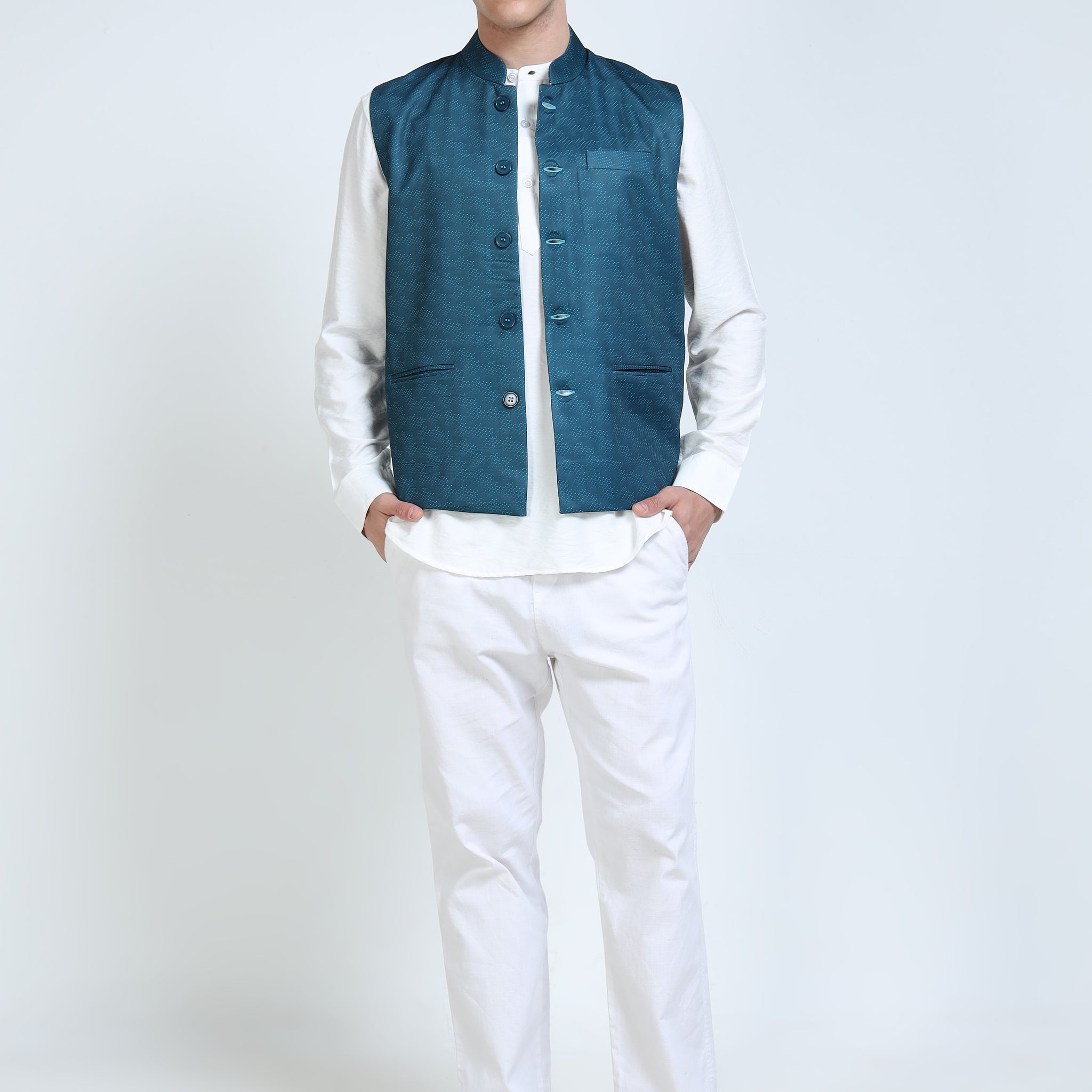 Model wearing Men’s Printed Modi Coat Dot Waves styled with kurta