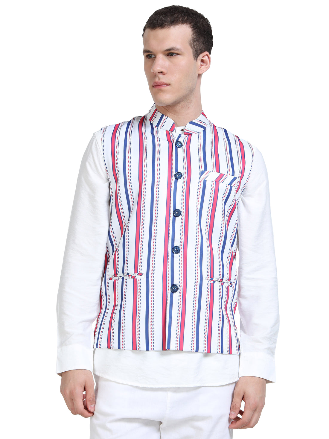 Model wearing Men’s Printed Modi Coat RnB Stripes styled with kurta
