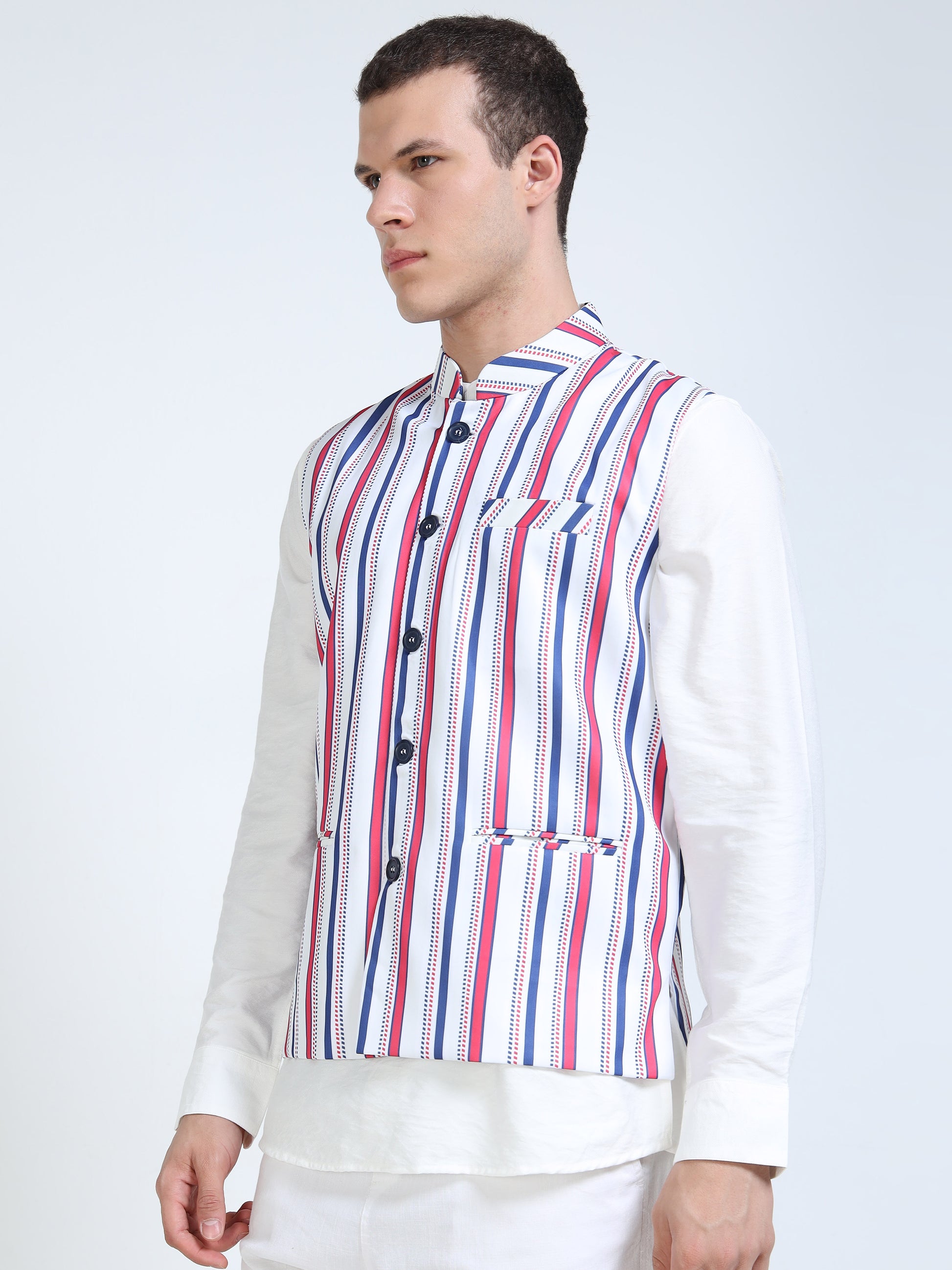 Side profile of Men’s Printed Modi Coat RnB Stripes pattern
