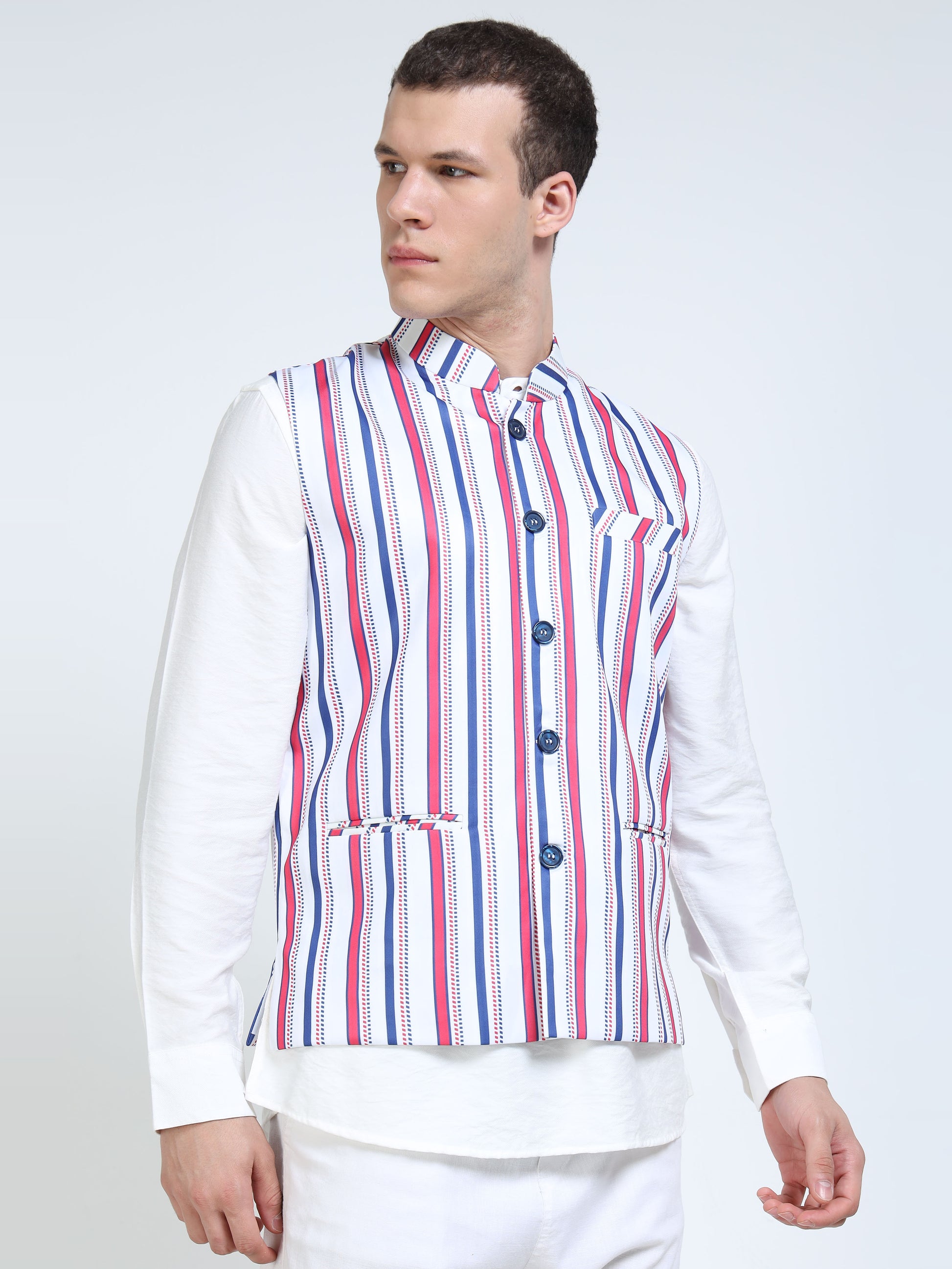 Lifestyle shot of model wearing Printed Modi Coat RnB Stripes