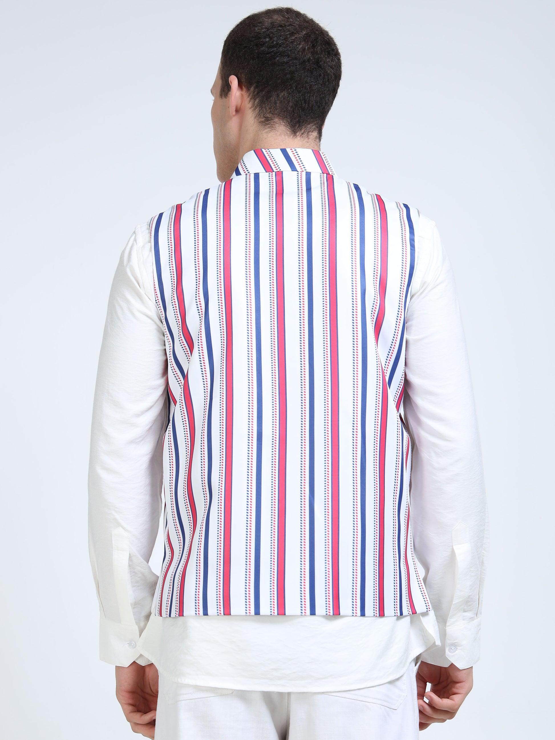 Back view of RnB Stripes Printed Modi Coat for men in slim-fit design
