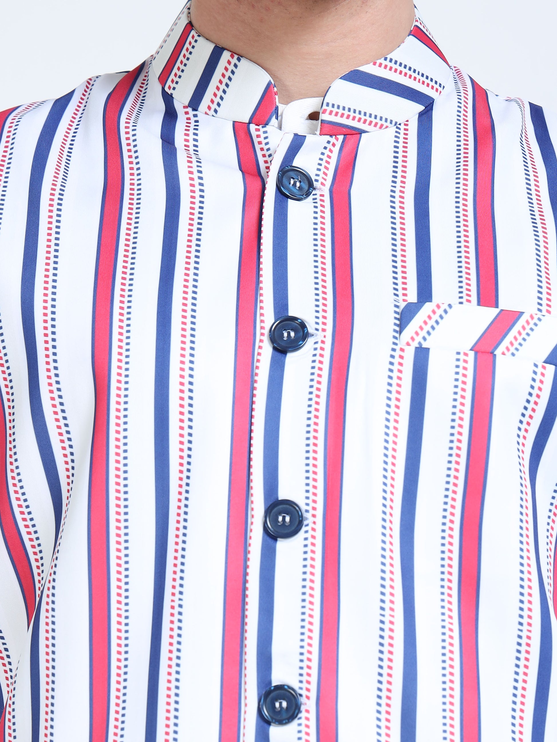Button-front detailing on Printed Modi Coat RnB Stripes
