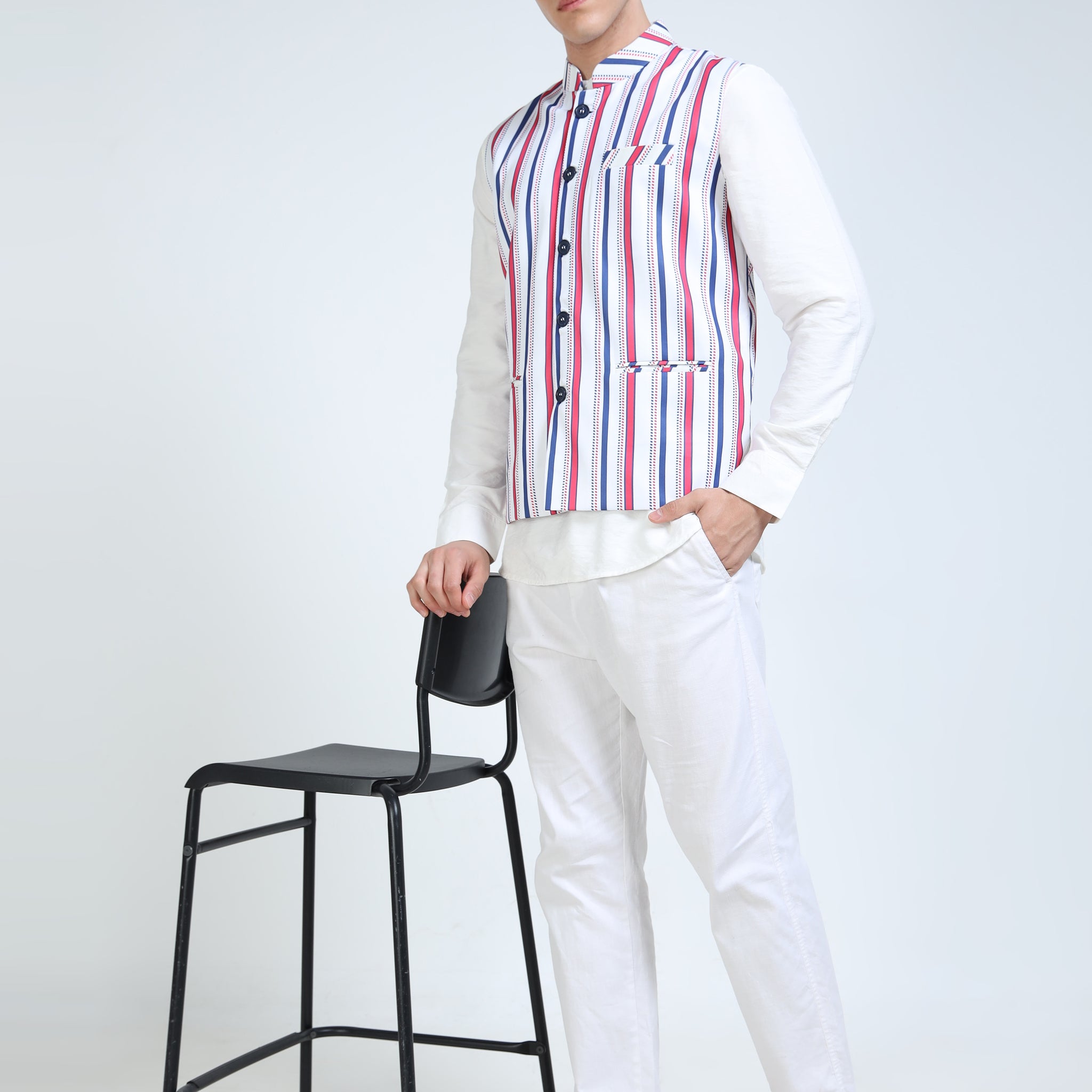 Model wearing Men’s Printed Modi Coat RnB Stripes styled with kurta
