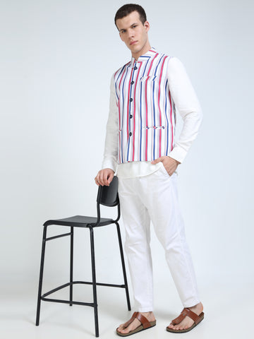 Model wearing Men’s Printed Modi Coat RnB Stripes styled with kurta
