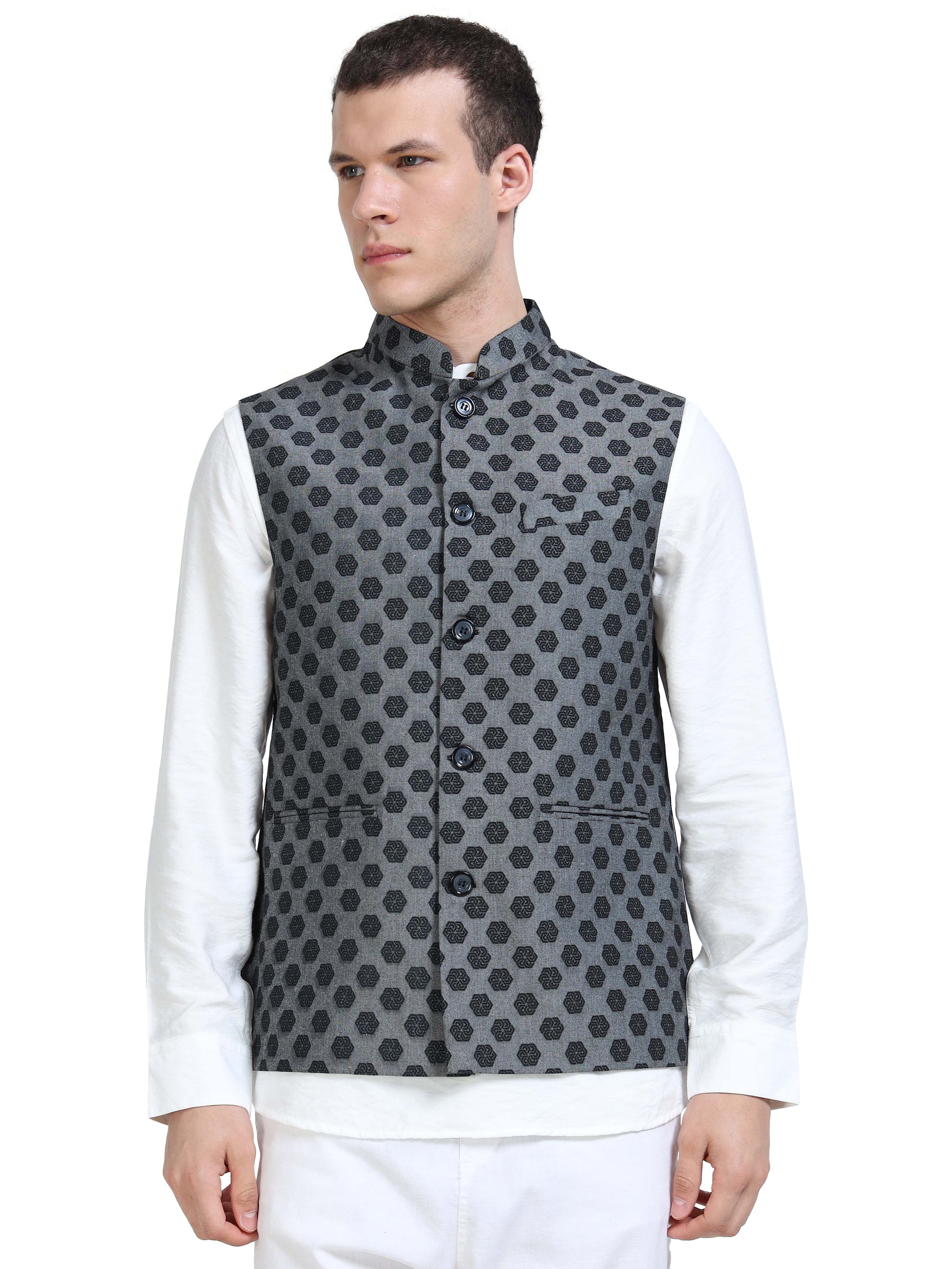 Close-up of Mandarin collar on Logo Motif Printed Modi Jacket

