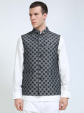 Model wearing Men’s Printed Modi Coat Logo Motif styled with kurta
