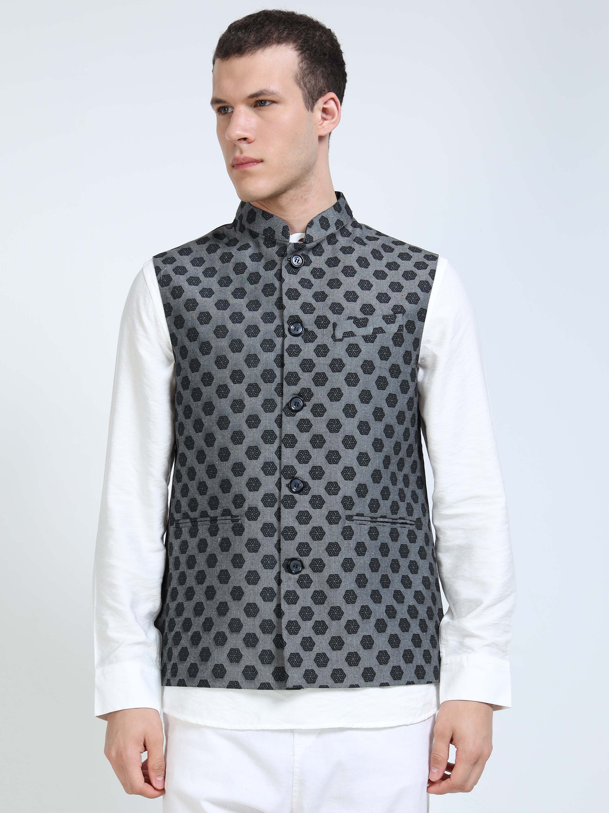 Model wearing Men’s Printed Modi Coat Logo Motif styled with kurta
