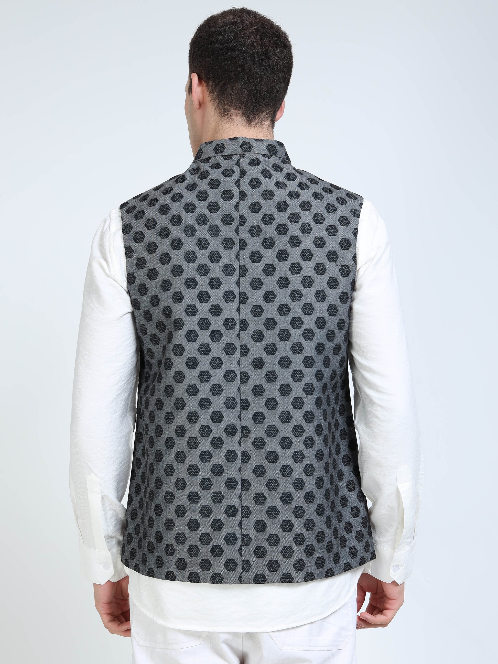 Back view of Logo Motif Printed Modi Coat for men in slim-fit design

