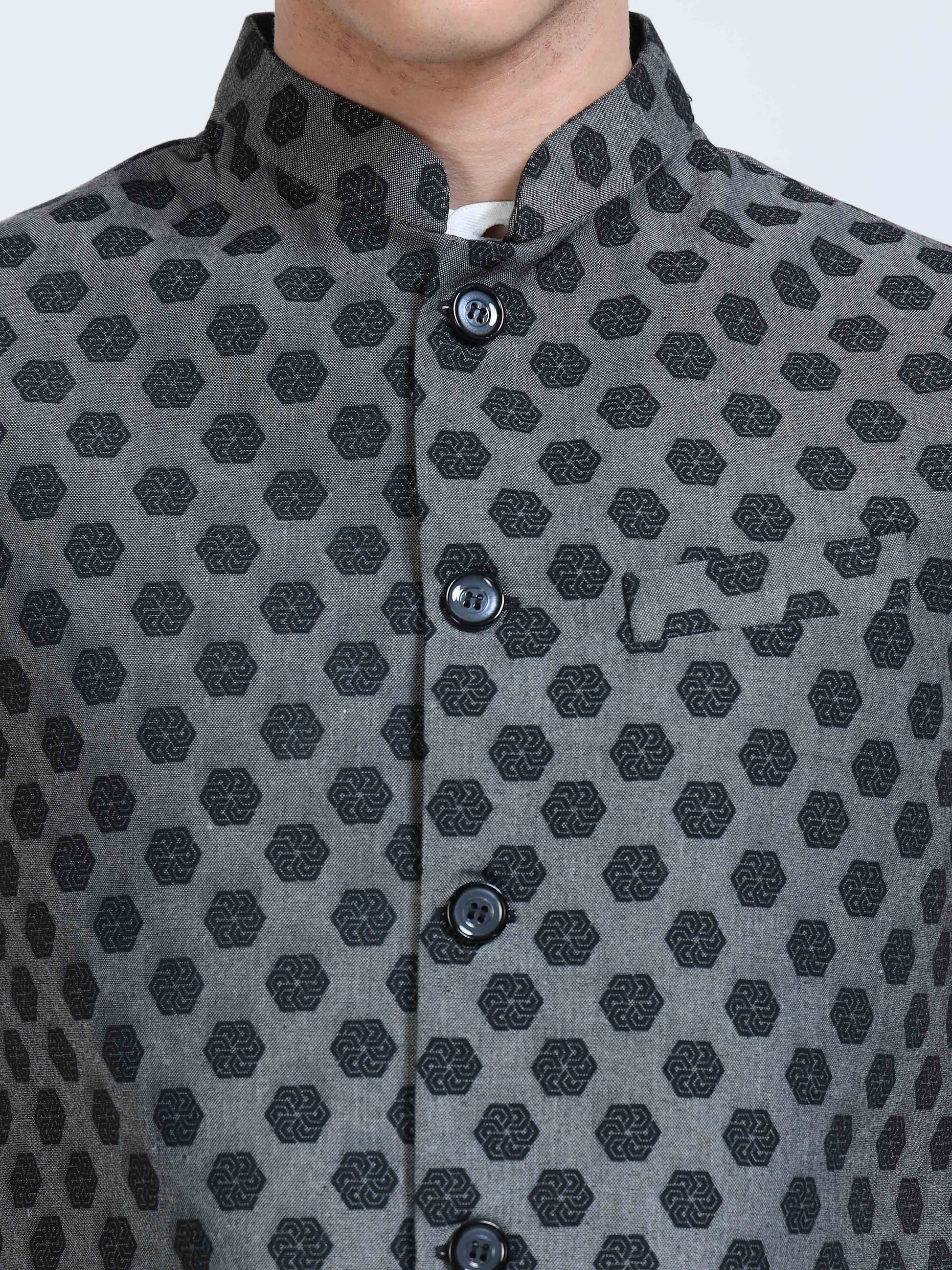 Button-front detailing on Printed Modi Coat Logo Motif

