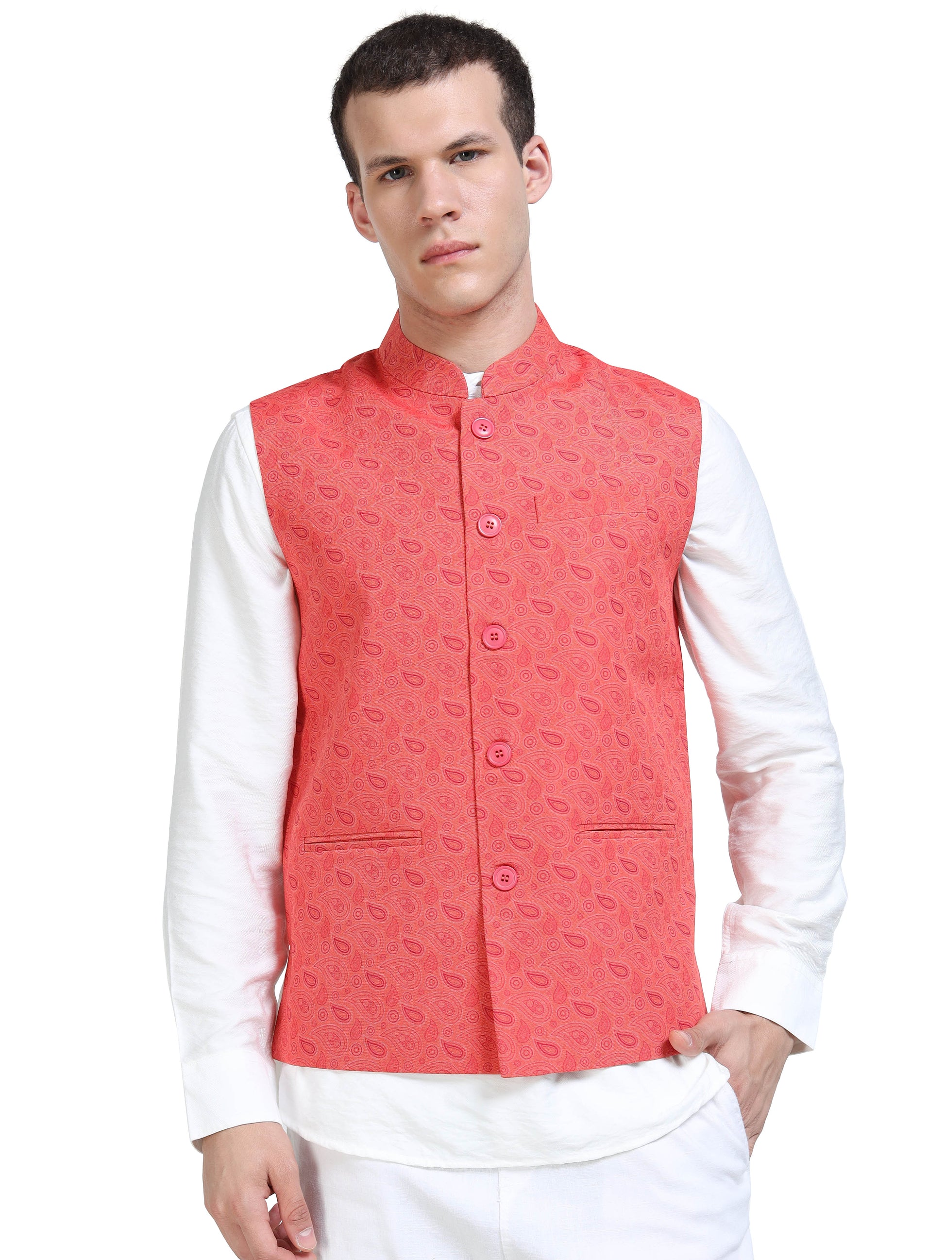 Front view of Men’s Printed Modi Coat in Coral Field with Mandarin collar