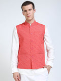 Front view of Men’s Printed Modi Coat in Coral Field with Mandarin collar