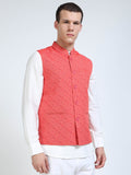 ront view of Men’s Printed Modi Coat in Coral Field with Mandarin collar