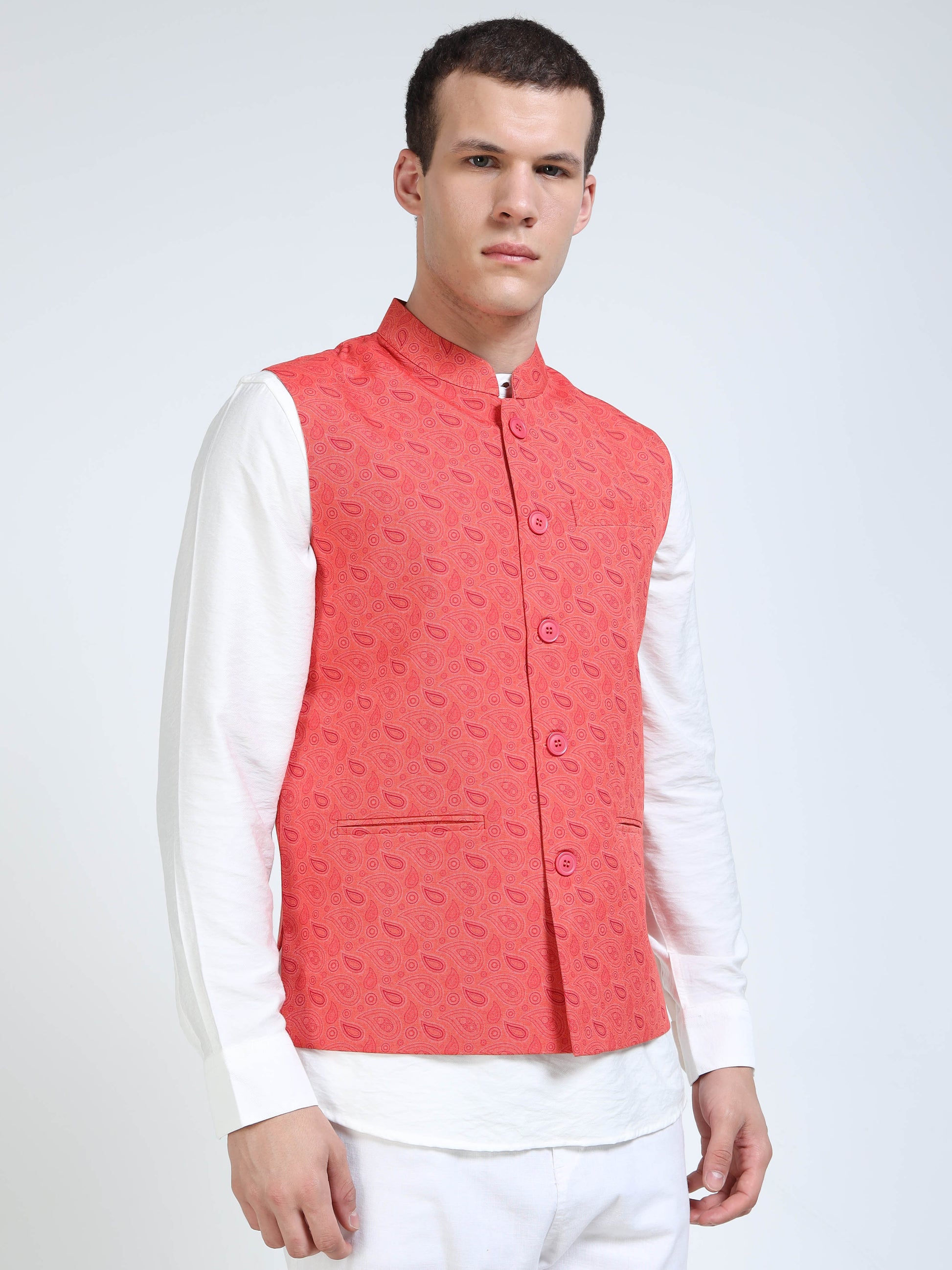 ront view of Men’s Printed Modi Coat in Coral Field with Mandarin collar