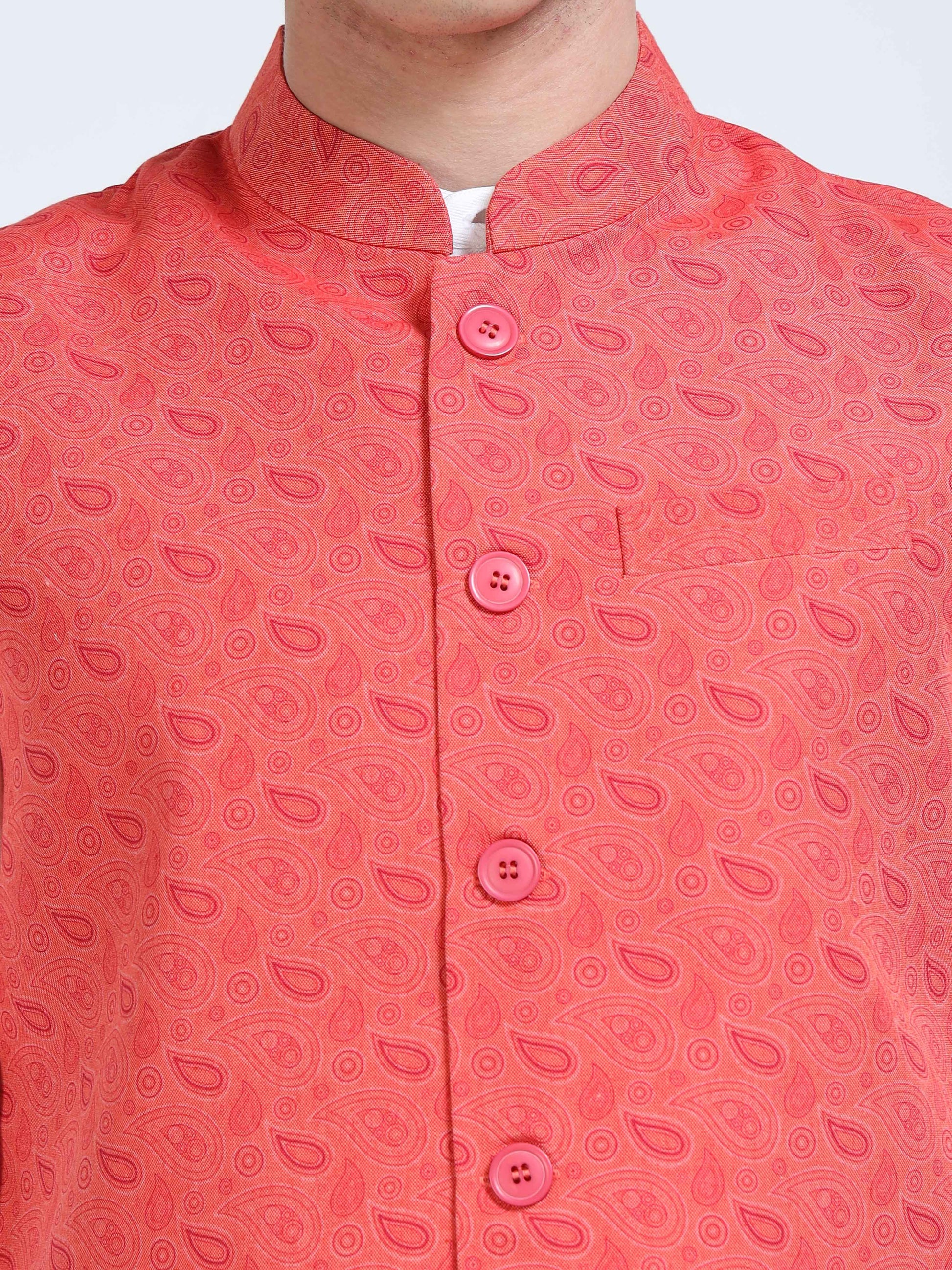 Close-up of Mandarin collar on Coral Field Printed Modi Jacket