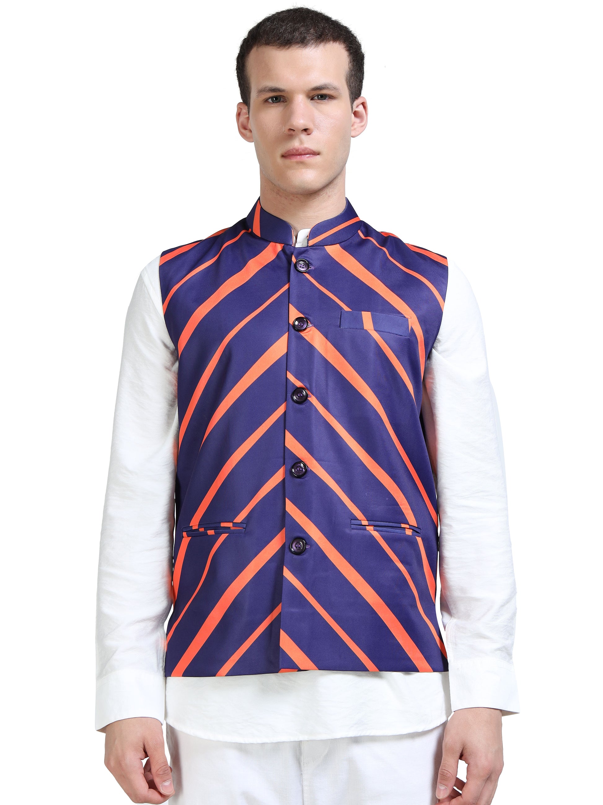 Front view of Men’s Printed Modi Coat in Orion Stripes with Mandarin collar