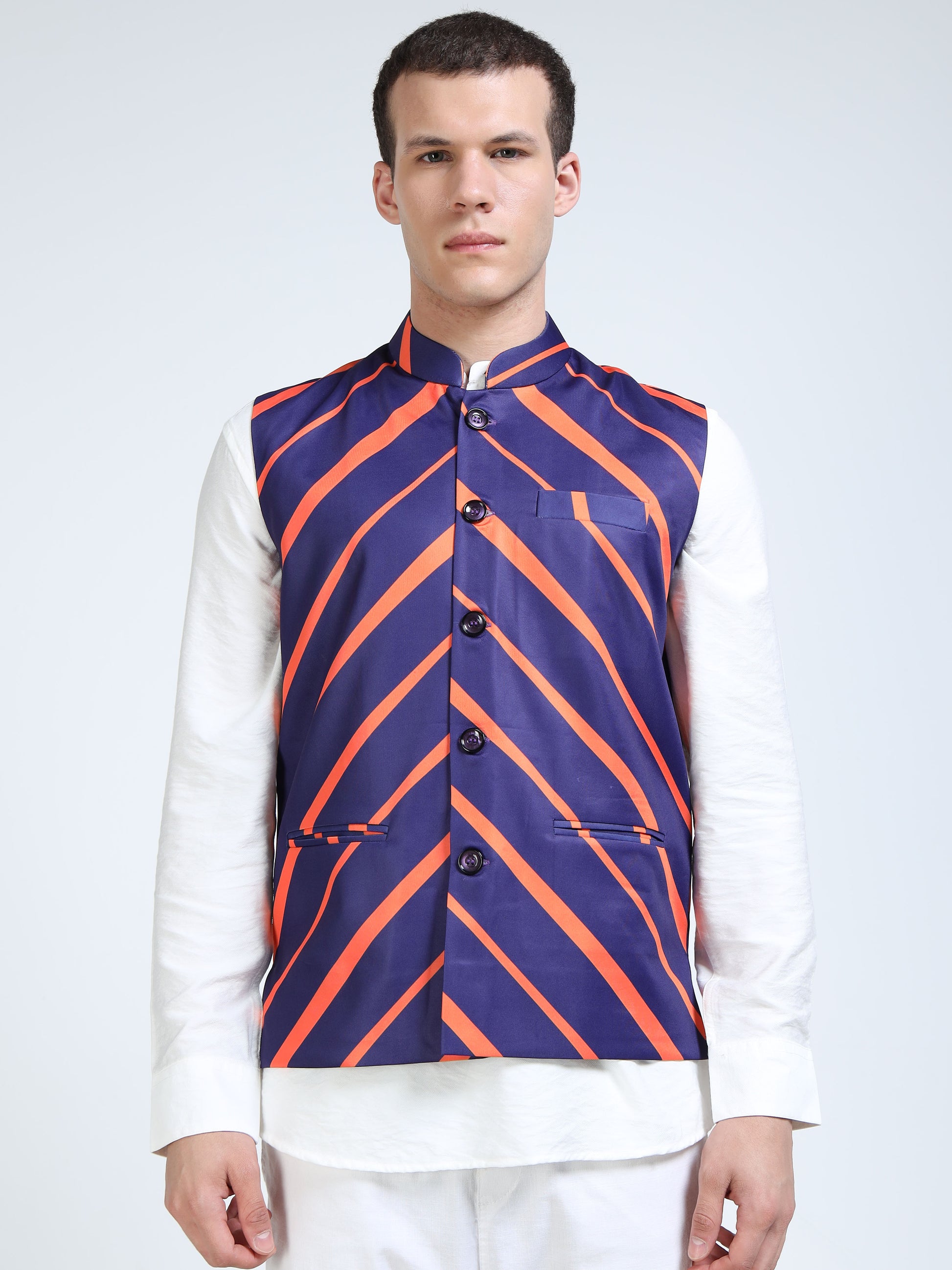 Front view of Men’s Printed Modi Coat in Orion Stripes with Mandarin collar