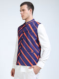 Side angle of model in Orion Stripes Modi Jacket paired with kurta