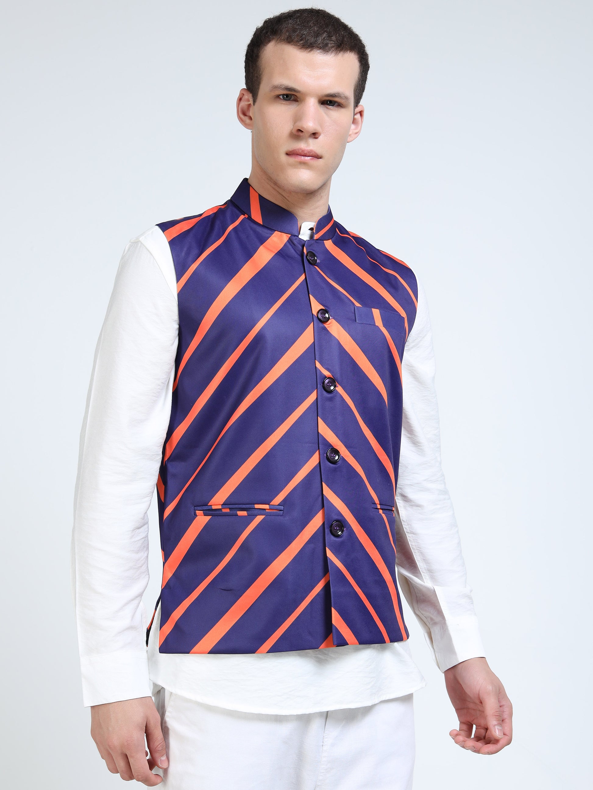 Front view of Men’s Printed Modi Coat in Orion Stripes with Mandarin collar