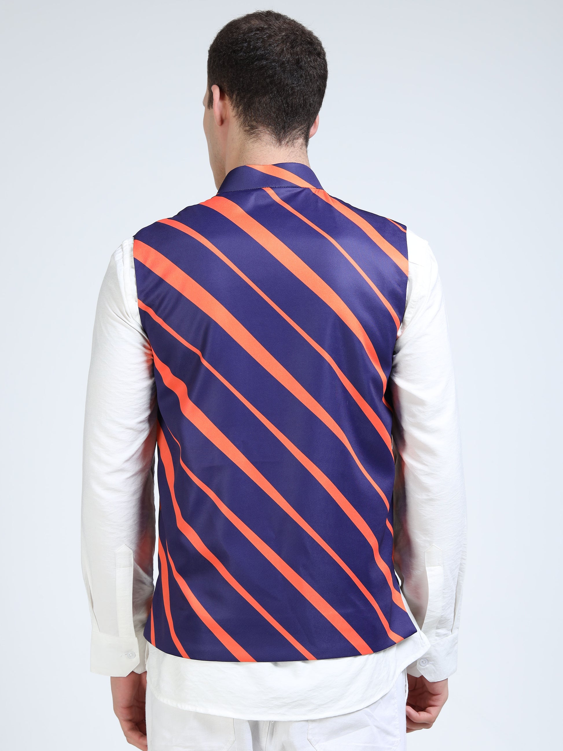 Back view of Orion Stripes Printed Modi Coat for men in slim-fit design