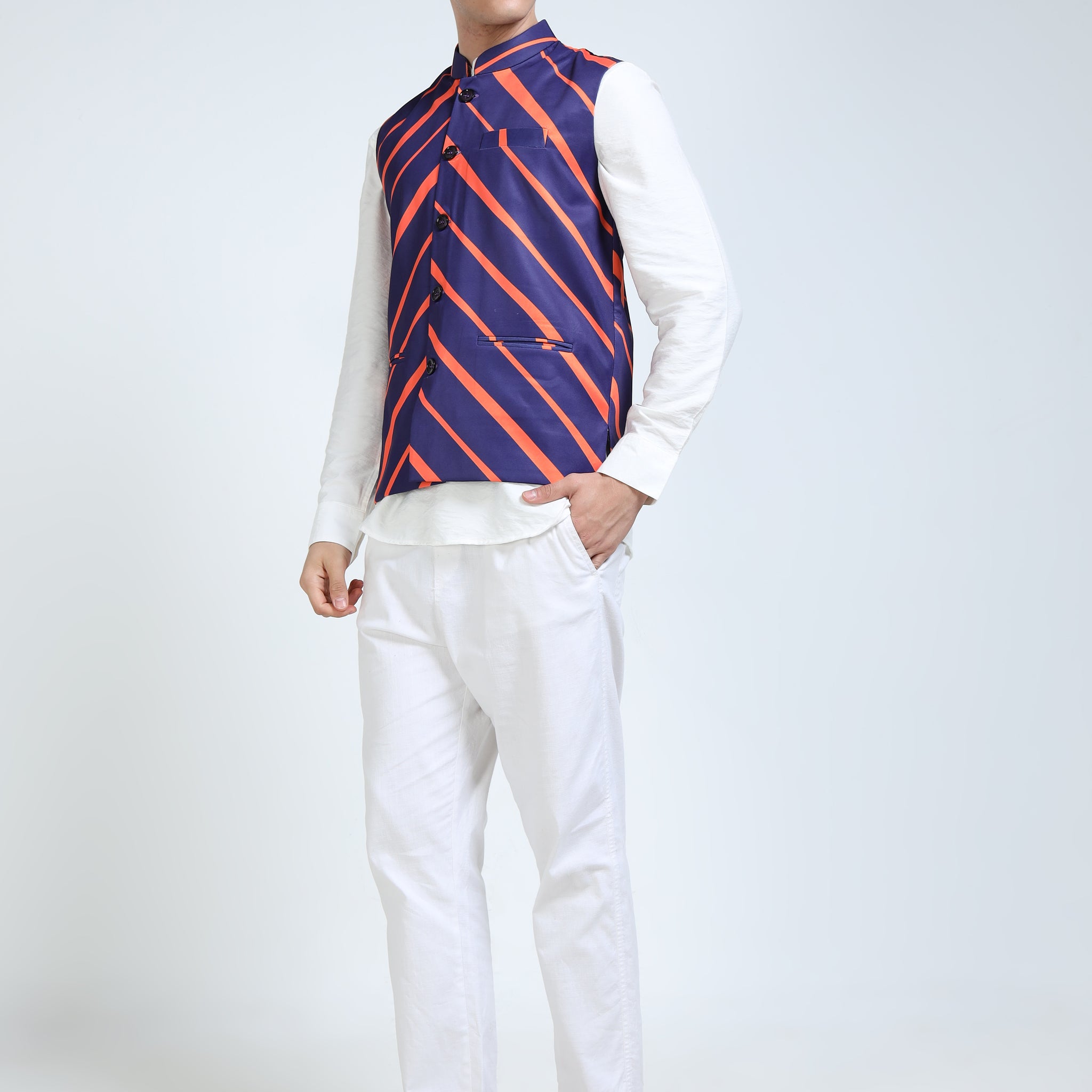 Side angle of model in Orion Stripes Modi Jacket paired with kurta