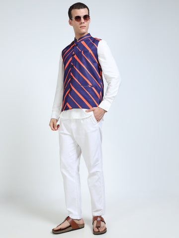 Side angle of model in Orion Stripes Modi Jacket paired with kurta