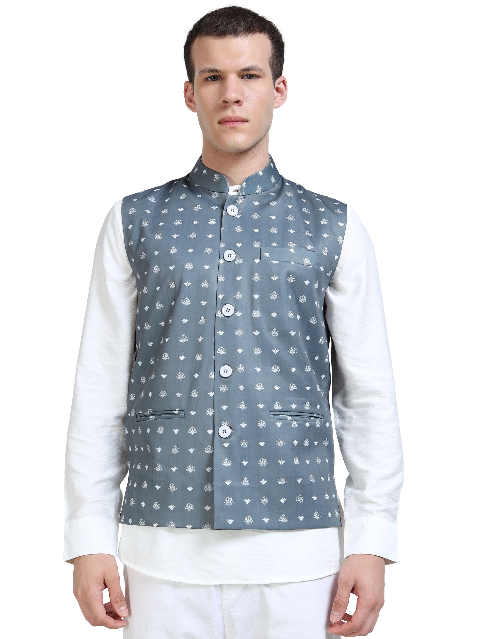 Front view of Men’s Printed Modi Coat in Stone Ikat with Mandarin collar