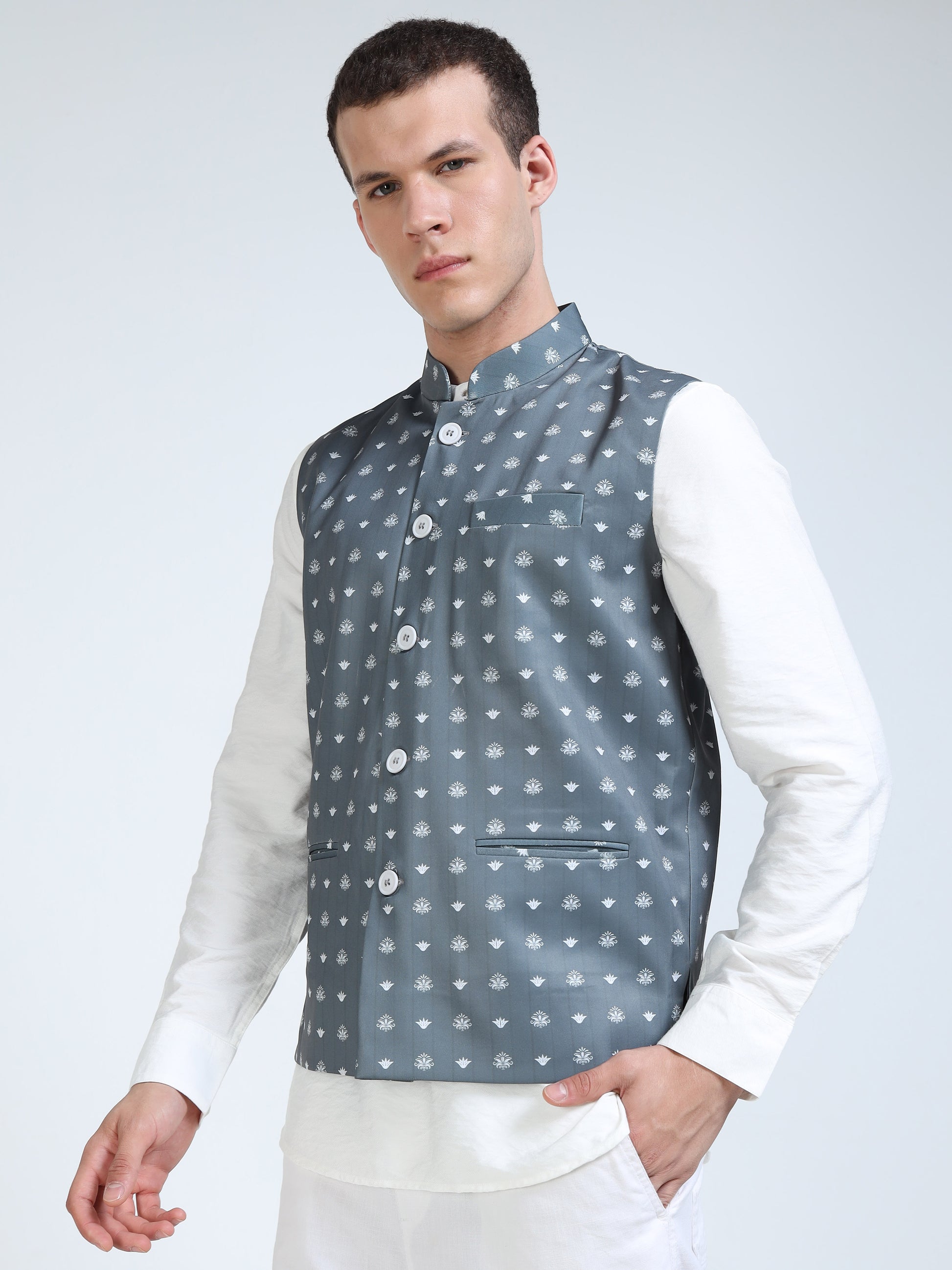 Side profile of Men’s Printed Modi Coat Stone Ikat pattern