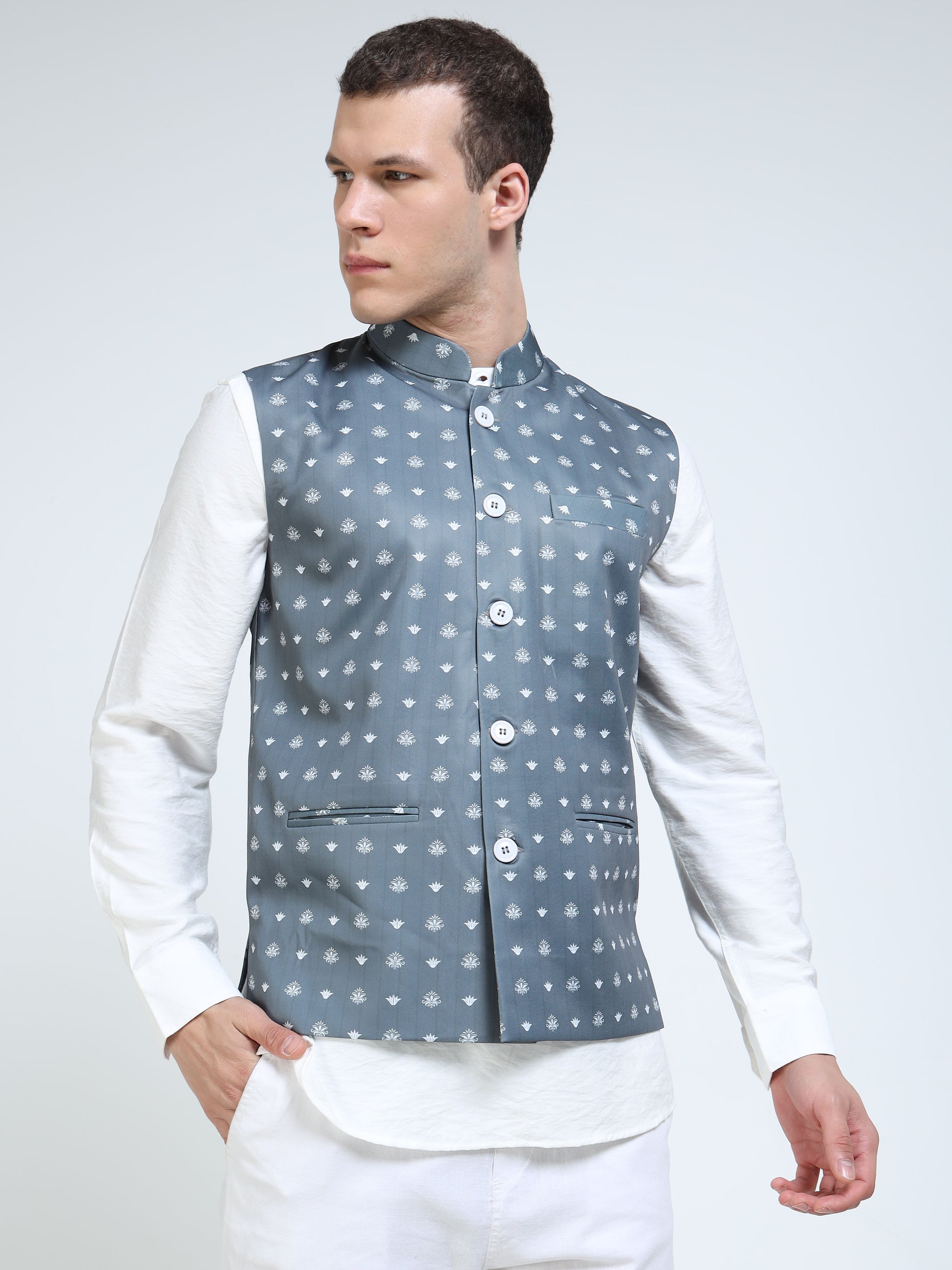 Model wearing Men’s Printed Modi Coat Stone Ikat styled with kurta