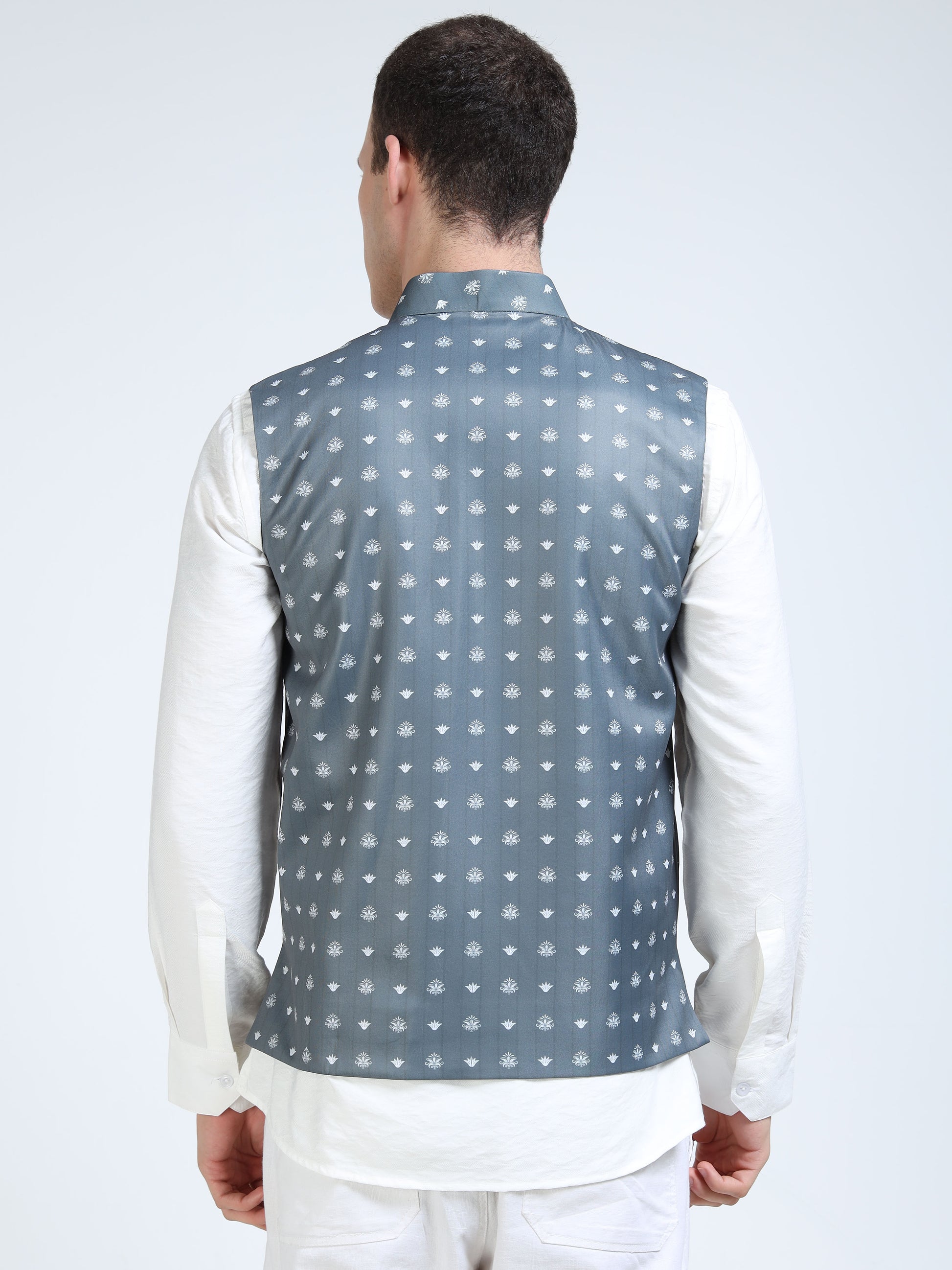 Back view of Stone Ikat Printed Modi Coat for men in slim-fit design