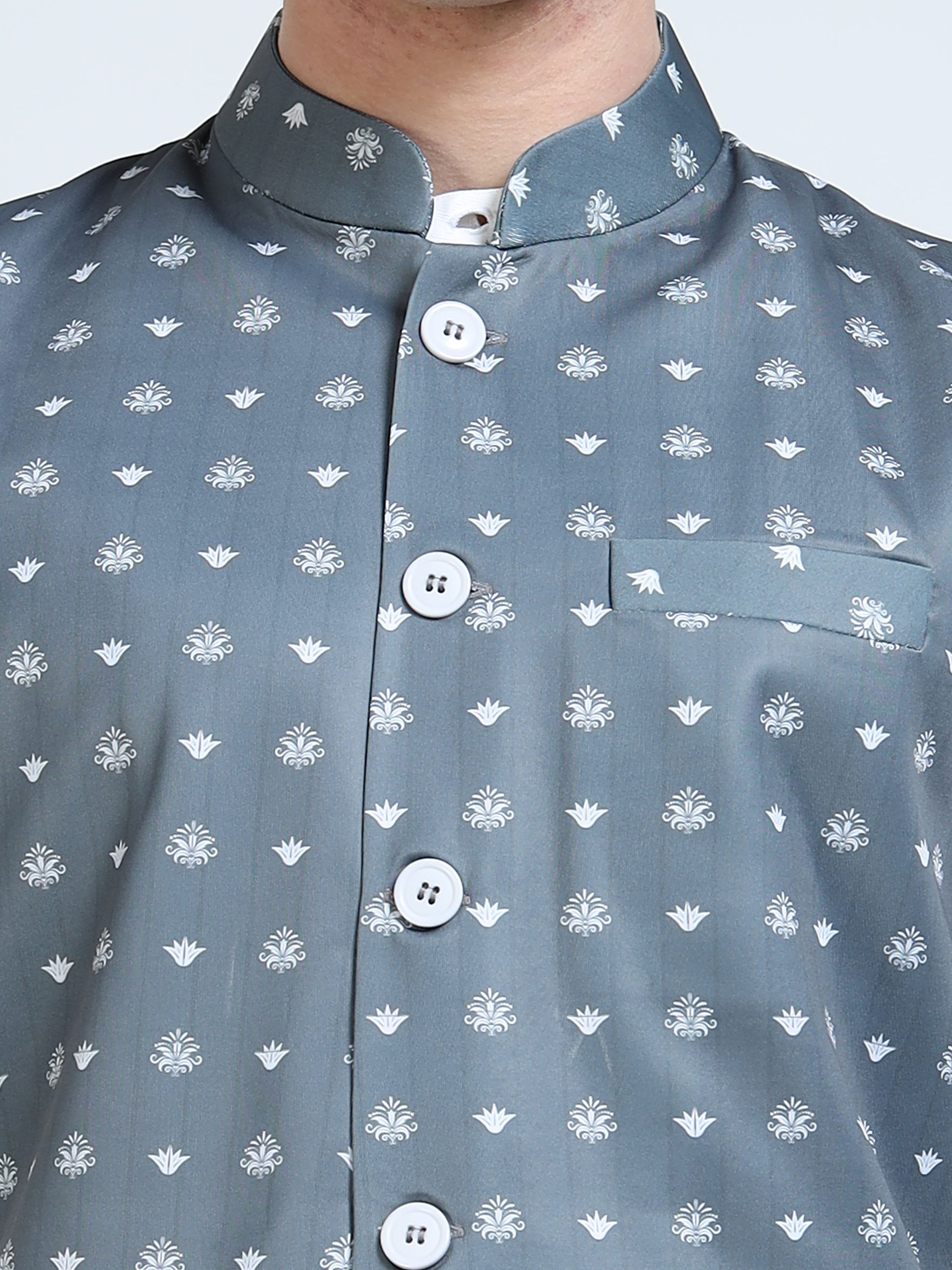 Close-up of Mandarin collar on Stone Ikat Printed Modi Jacket