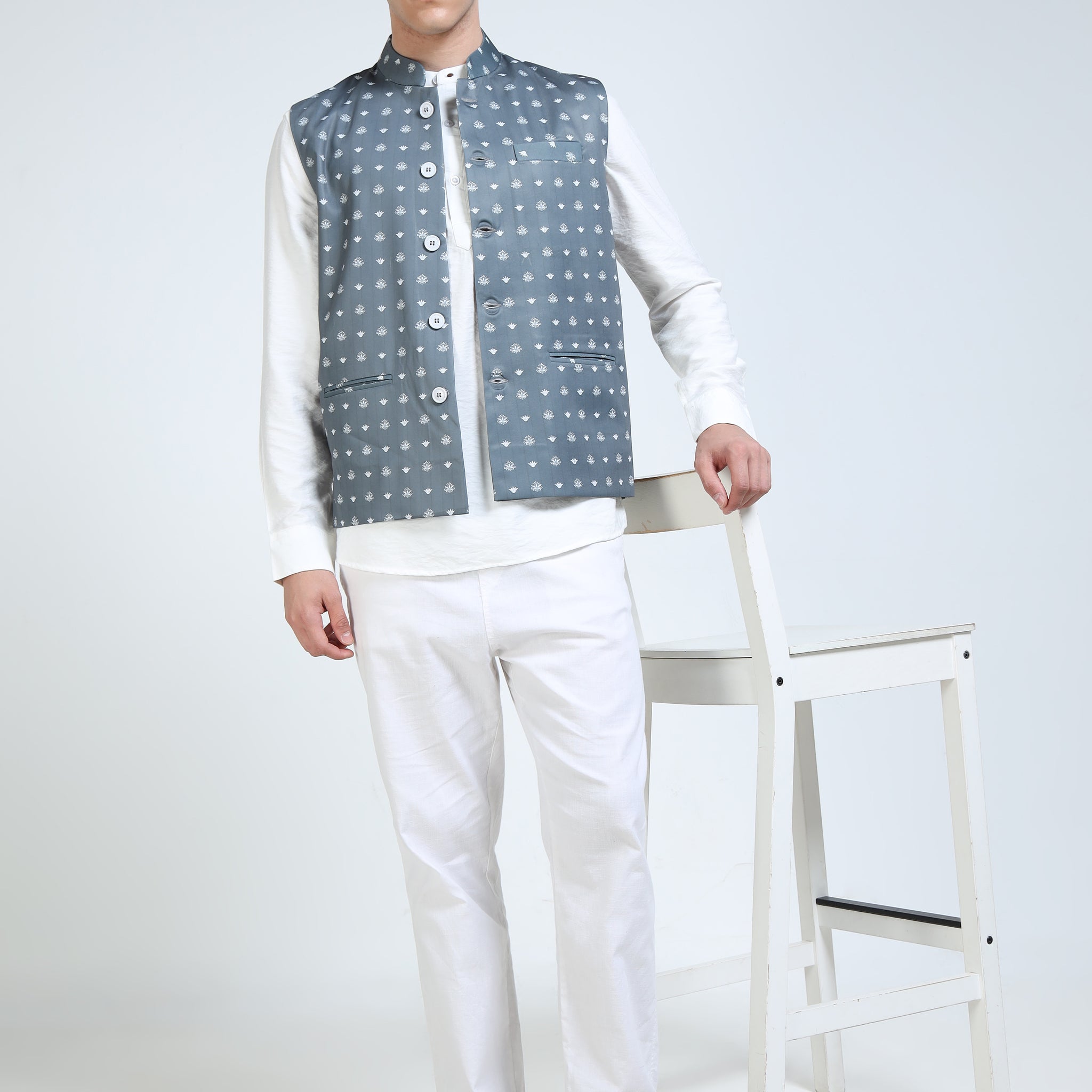Model wearing Men’s Printed Modi Coat Stone Ikat styled with kurta