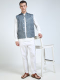 Model wearing Men’s Printed Modi Coat Stone Ikat styled with kurta