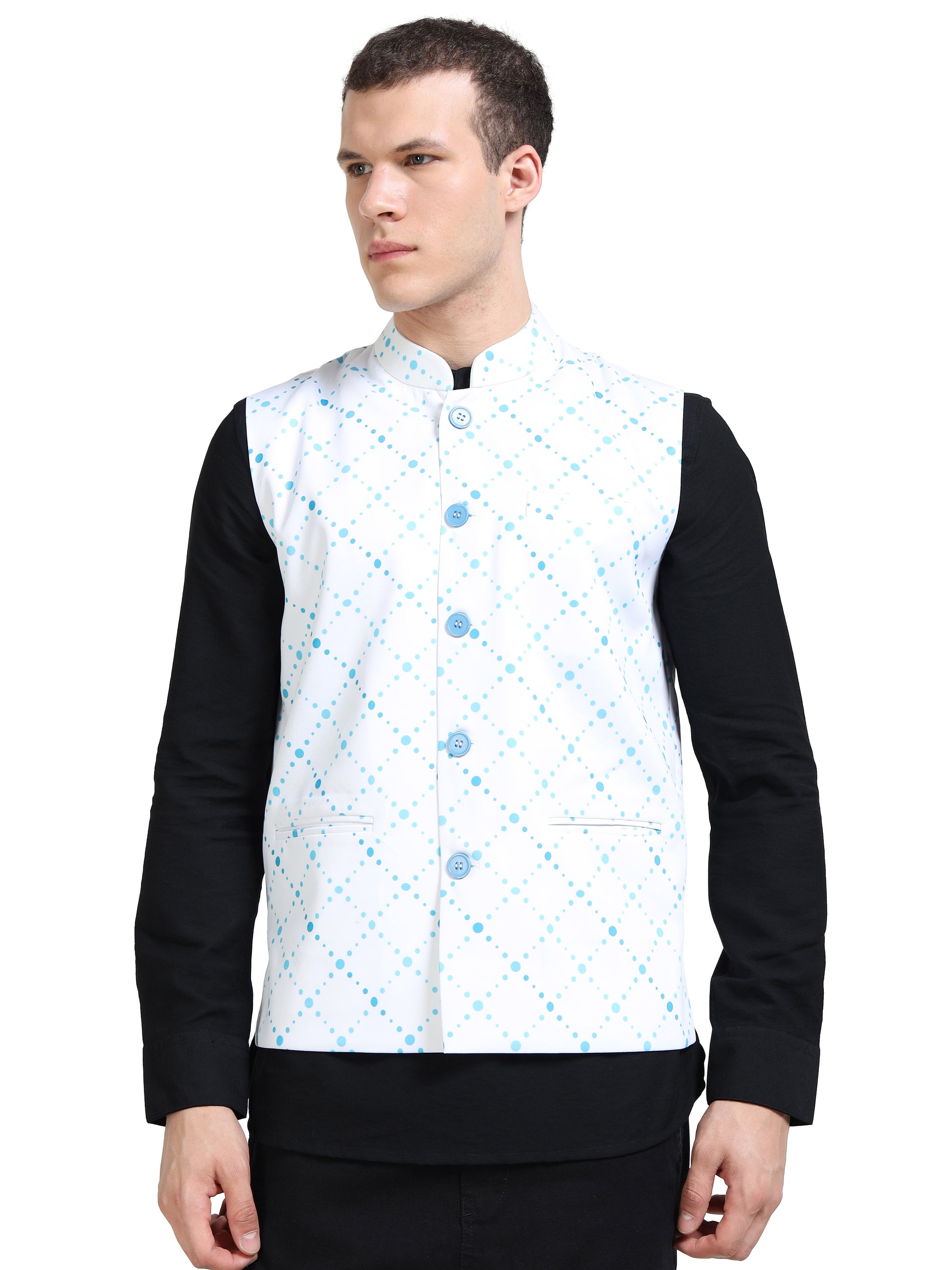 Front view of Men’s Printed Modi Coat in Blue Hue Dots with Mandarin collar