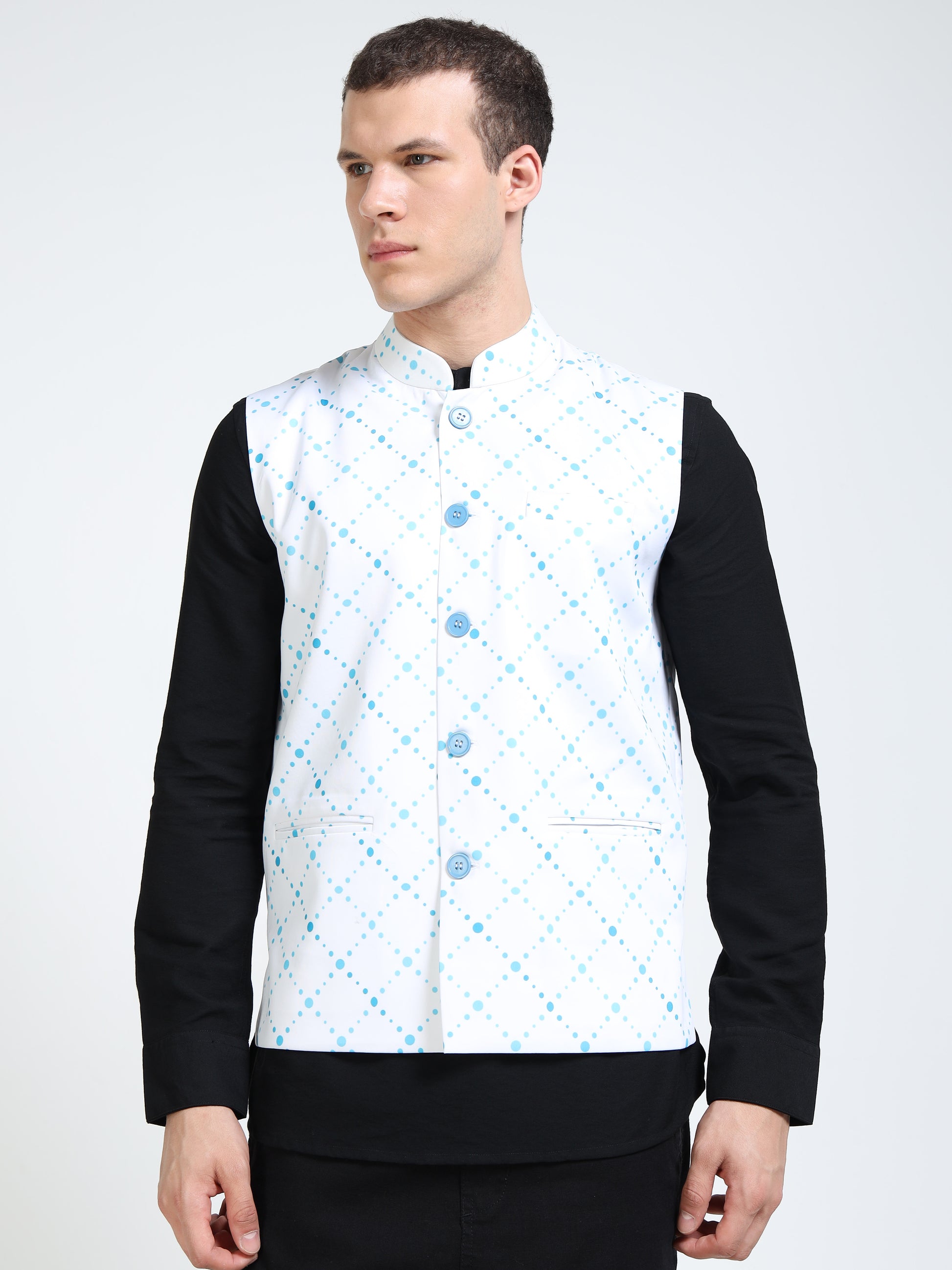 Side profile of Men’s Printed Modi Coat Blue Hue Dots pattern