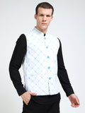 Front view of Men’s Printed Modi Coat in Blue Hue Dots with Mandarin collar