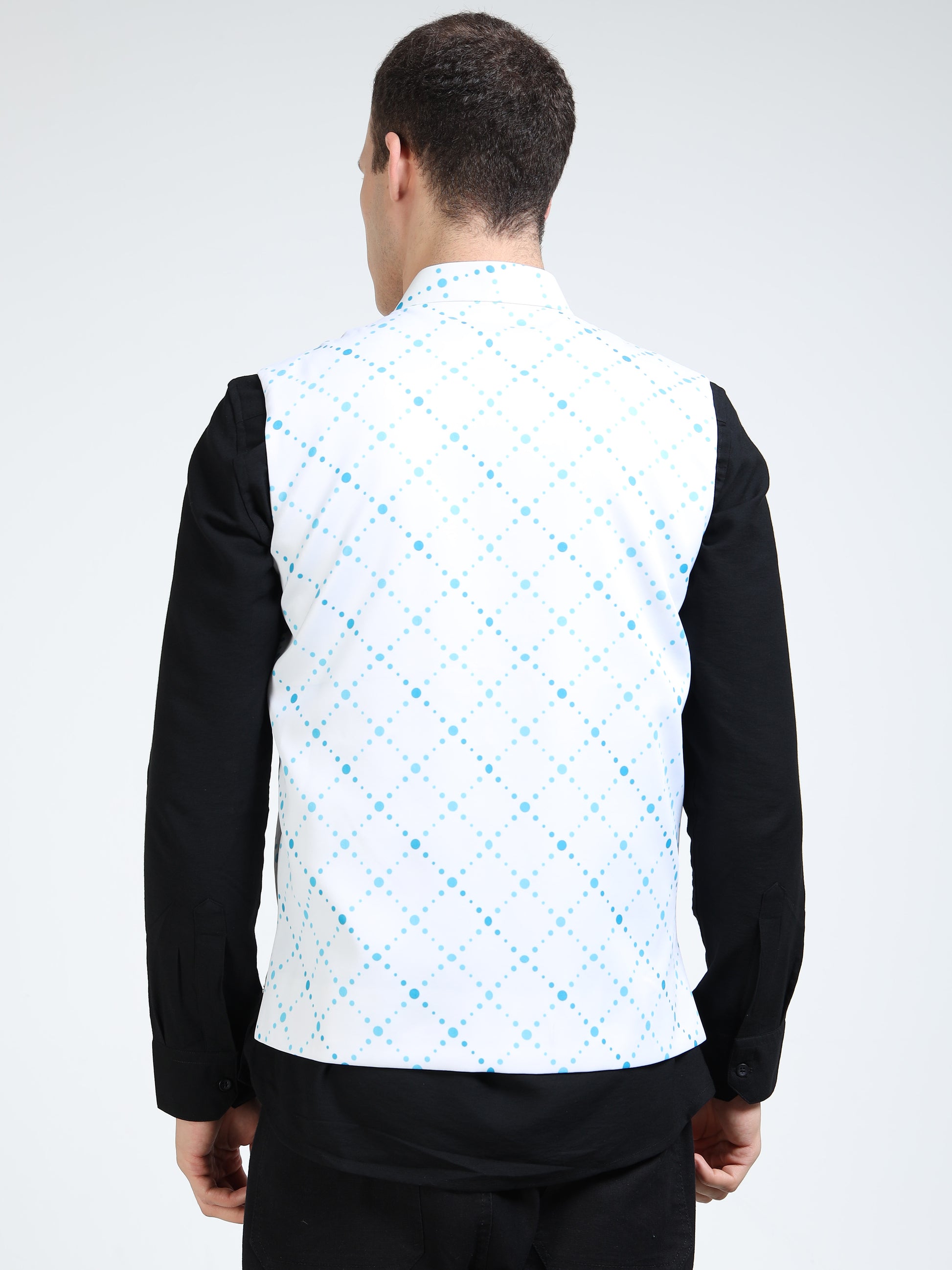Back view of Blue Hue Dots Printed Modi Coat for men in slim-fit design