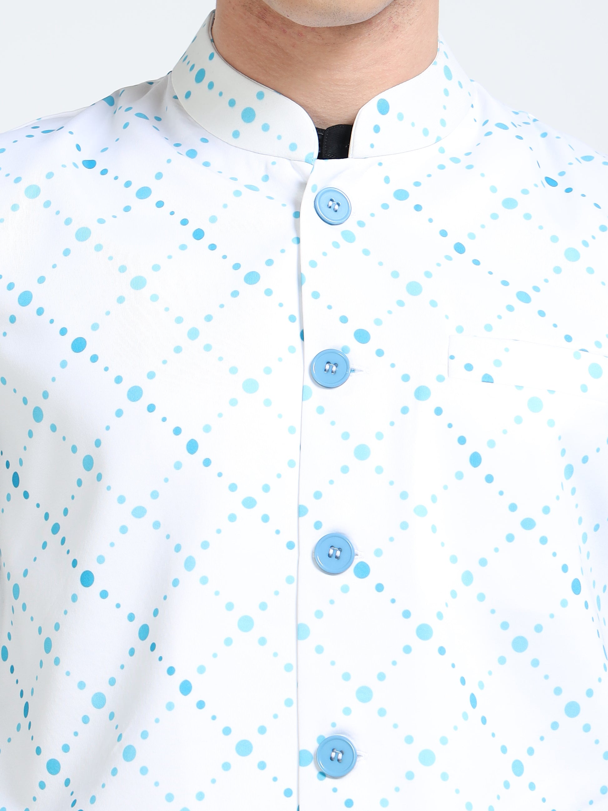 Close-up of Mandarin collar on Blue Hue Dots Printed Modi Jacket