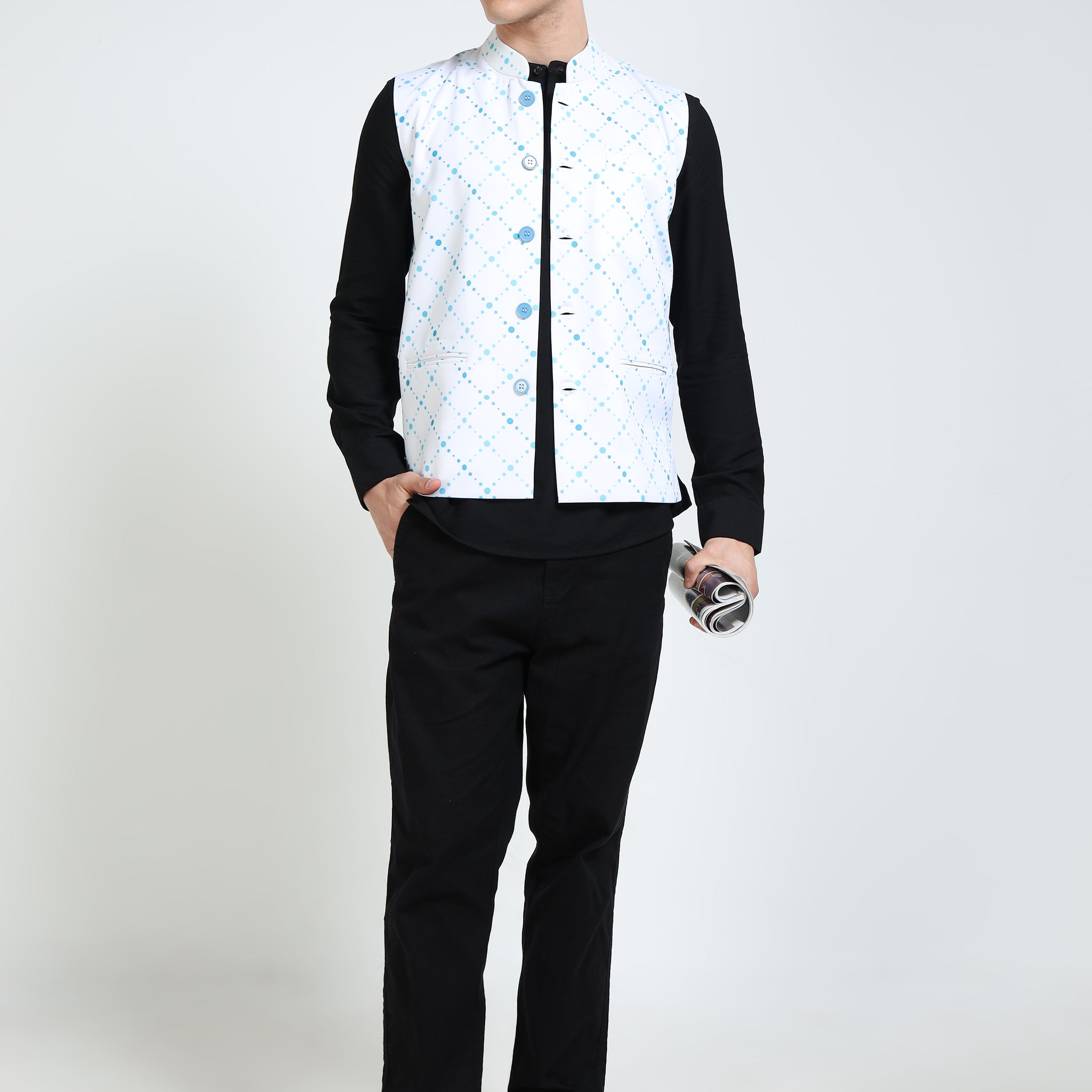 Model wearing Men’s Printed Modi Coat in Blue Hue Dots styled with kurta