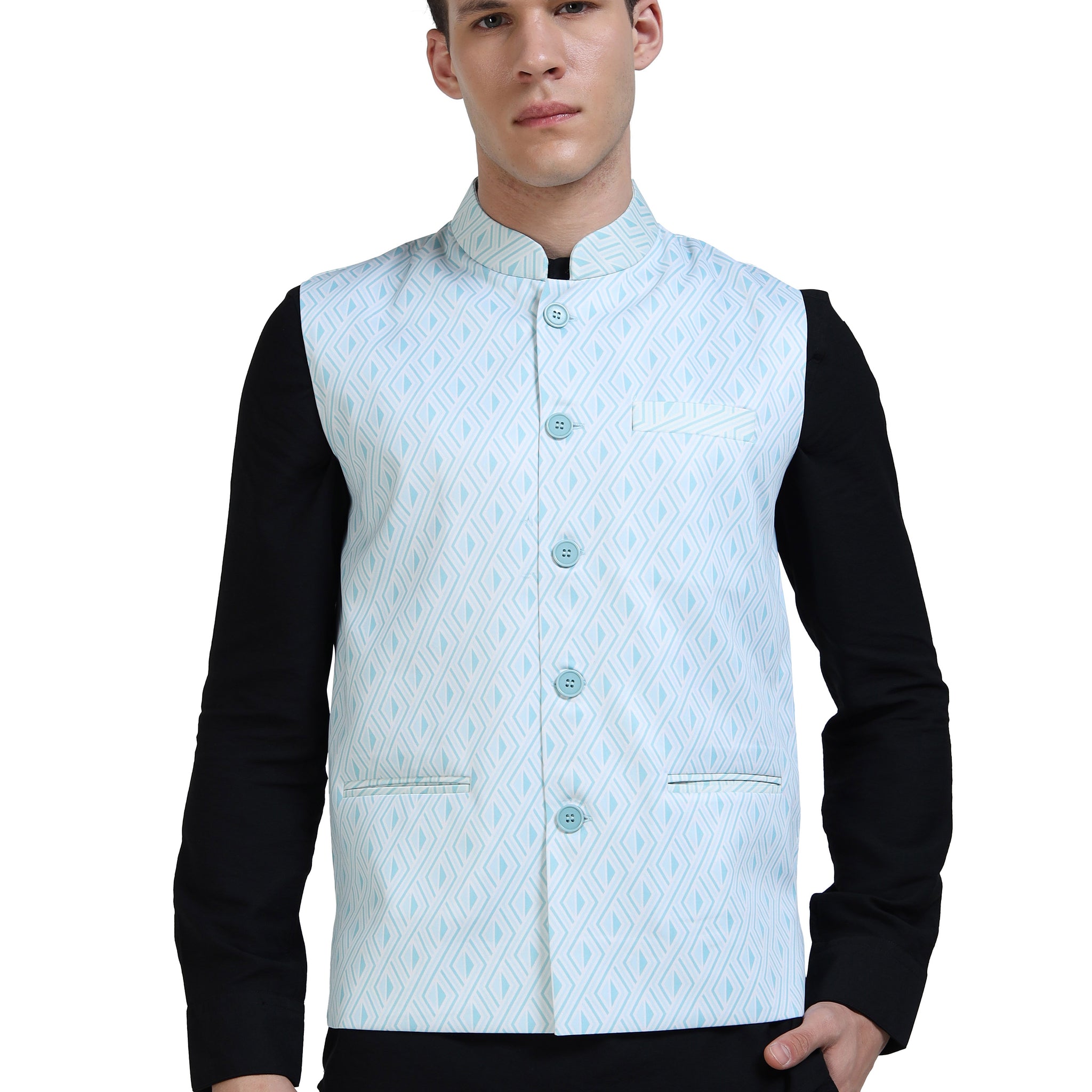 Front view of Men’s Printed Modi Coat in Echo Diamond with Mandarin collar