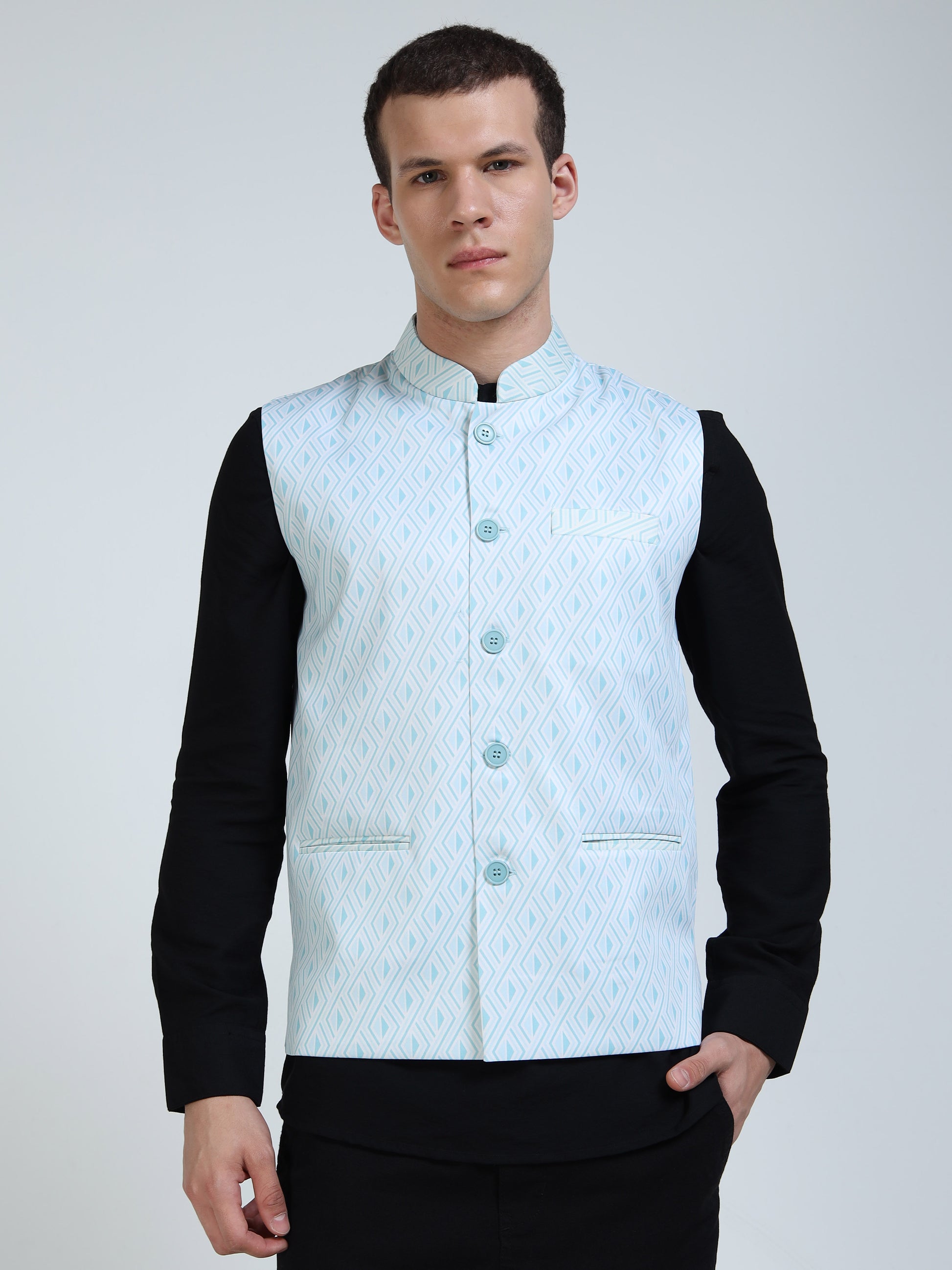 Front view of Men’s Printed Modi Coat in Echo Diamond with Mandarin collar