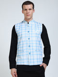 Front view of Men’s Printed Modi Coat in Blue Gingham with Mandarin collar